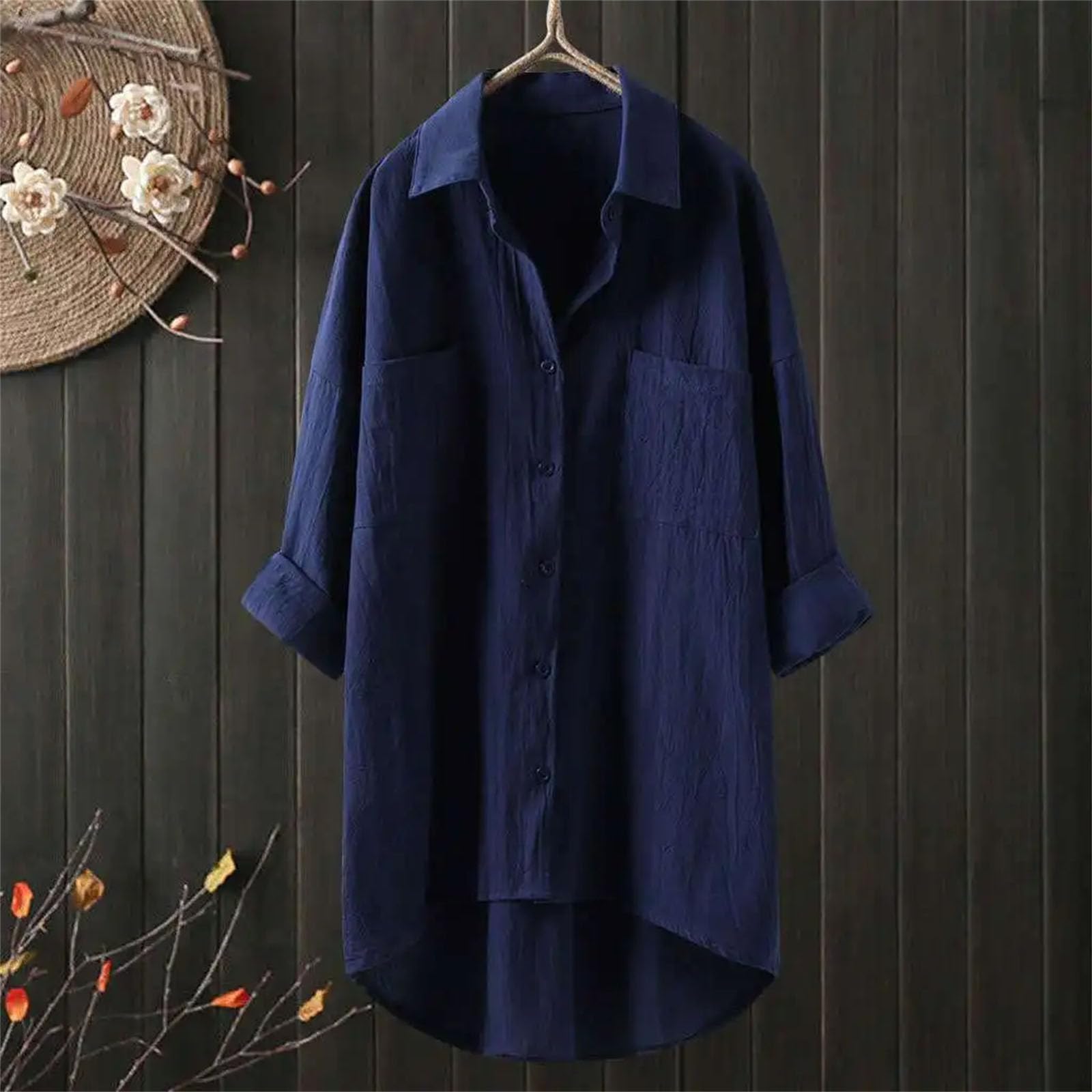 Camisas casuales de talla grande para mujer, blusa de manga larga con cuello de solapa, botones de color sólido, camisa de manga larga
