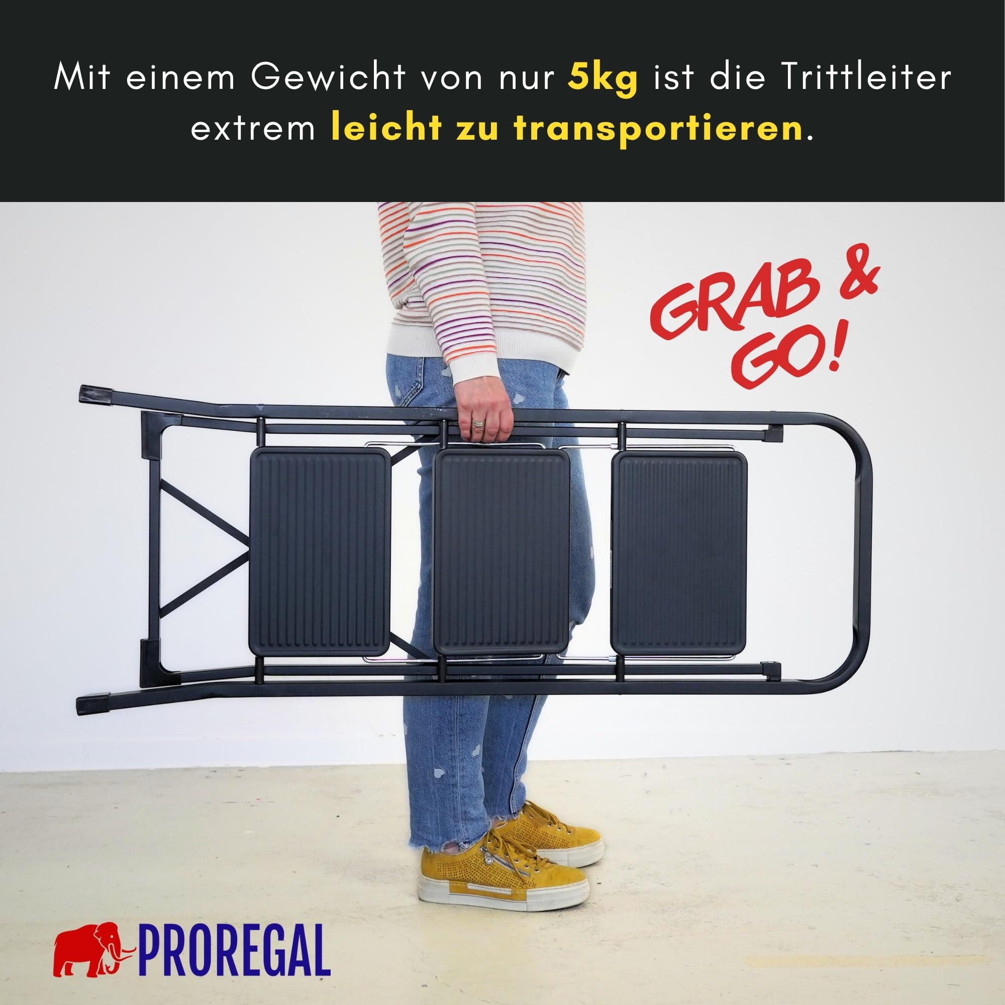 PROREGAL Trittleiter mit 3 Stufen TÜV extra breitem Anti-Rutsch-Tritt aus Leichtmetall, 5 kg leicht, klappbar Klappsicherung, bis 150 kg, schwarz, Leiter Klappleiter Haushaltsleiter Klapptritt