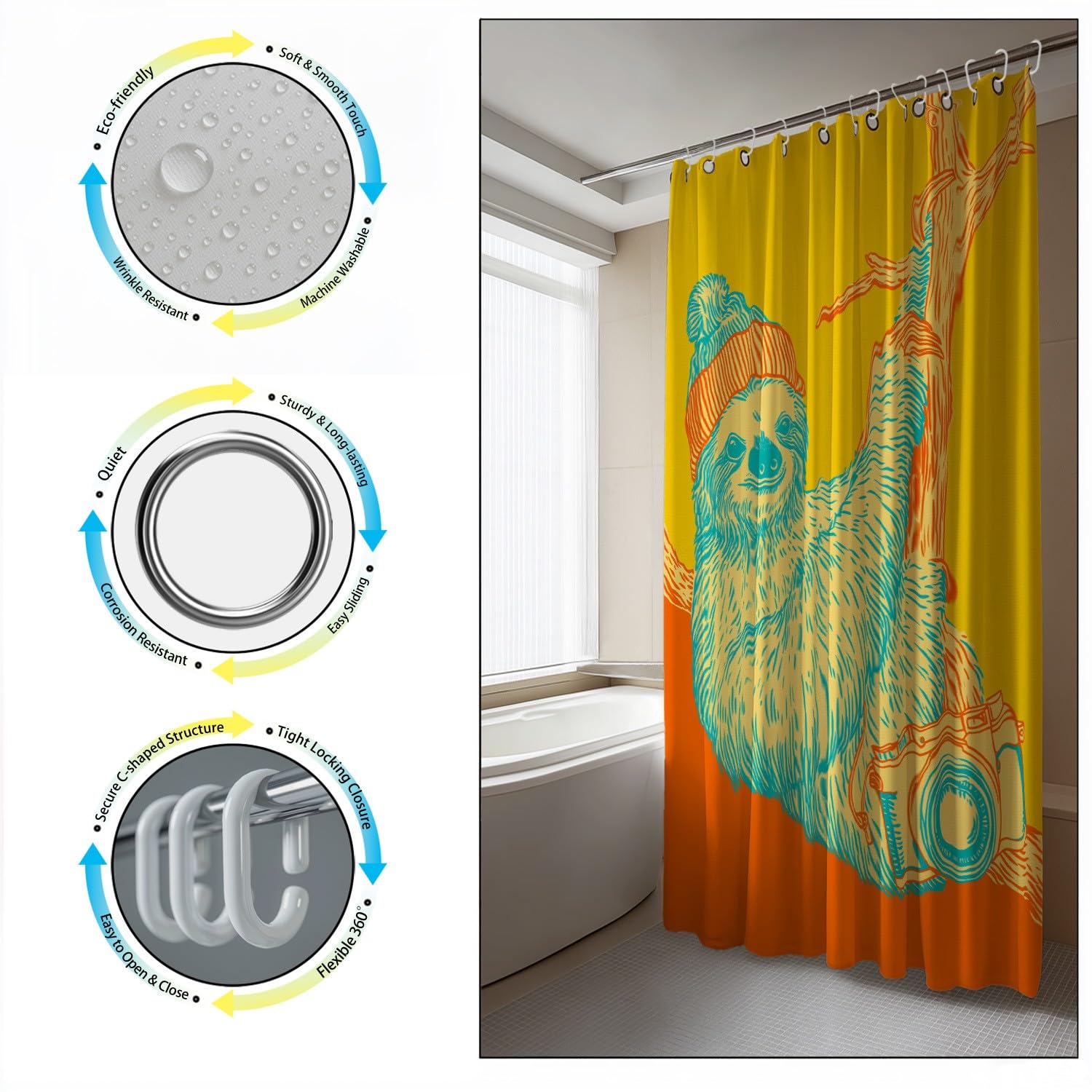 Zasłona prysznicowa 240 x 200 cm, 1 panel, miękka mikrofibra, wodoodporna i odporna na pleśń, nadaje się do prania, do łazienki, wanny, z oczkami i haczykami, pomarańczowa, leniwiec