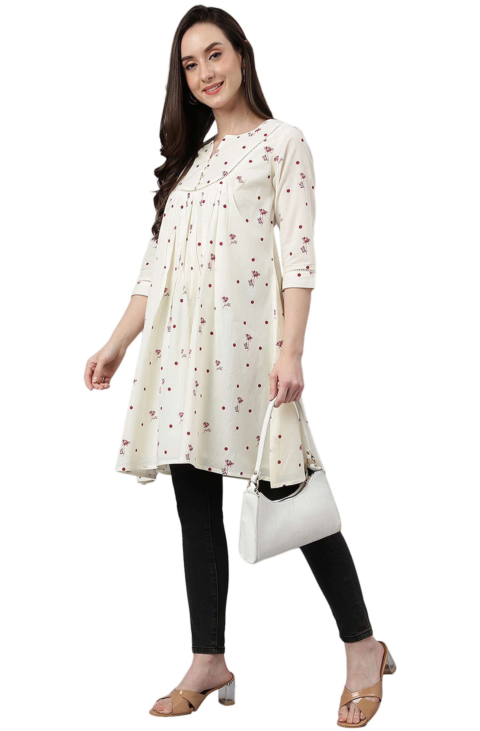 JanasyaIndian Women's Off White Cambric Cotton Botanical Print Flared Tunic