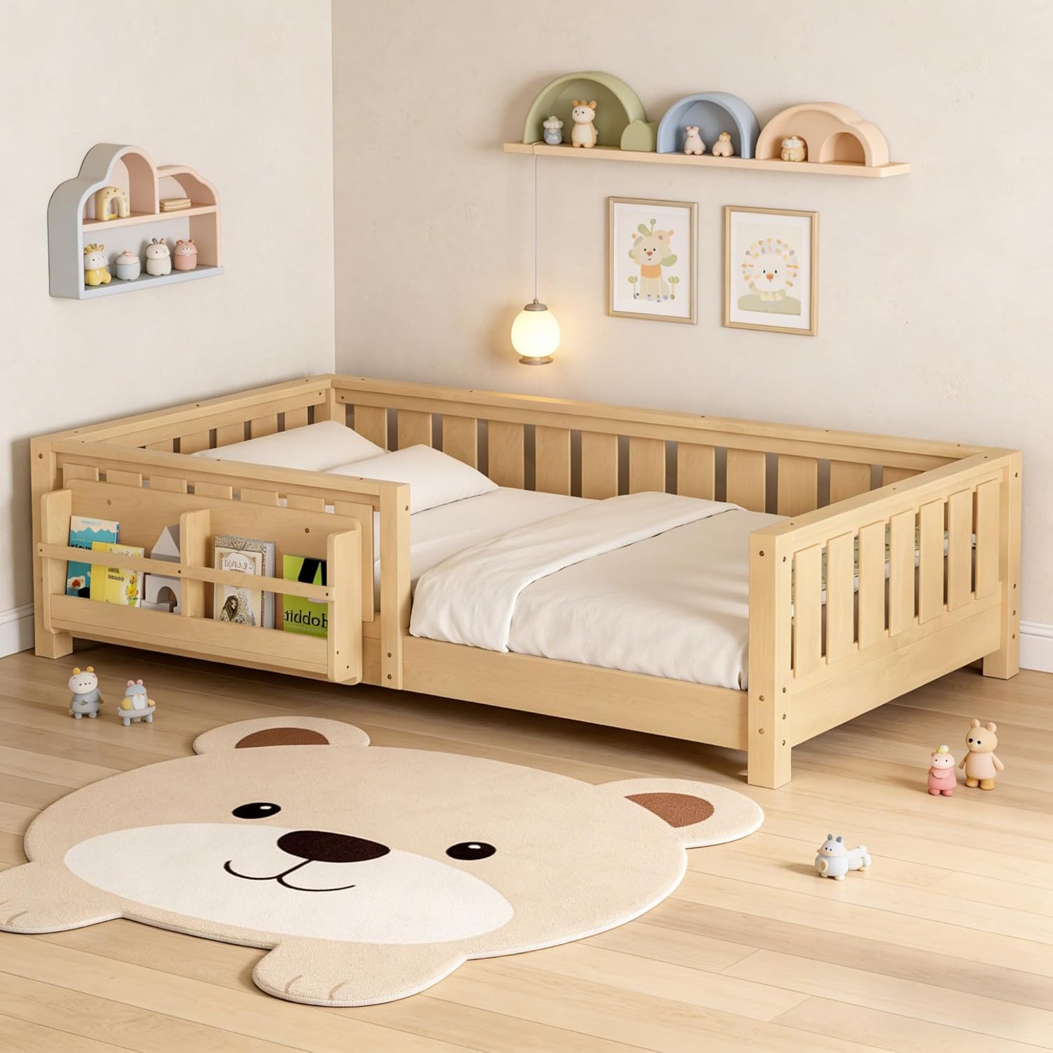 Twin Size Floor Bed with Storage Bookshelves, Wood Montessori Floor Bed with Full-length Guardrails, Kids Twin Bed Frame for Boys, Girls, No Box Spring Needed and Childlike Design, Light Natural