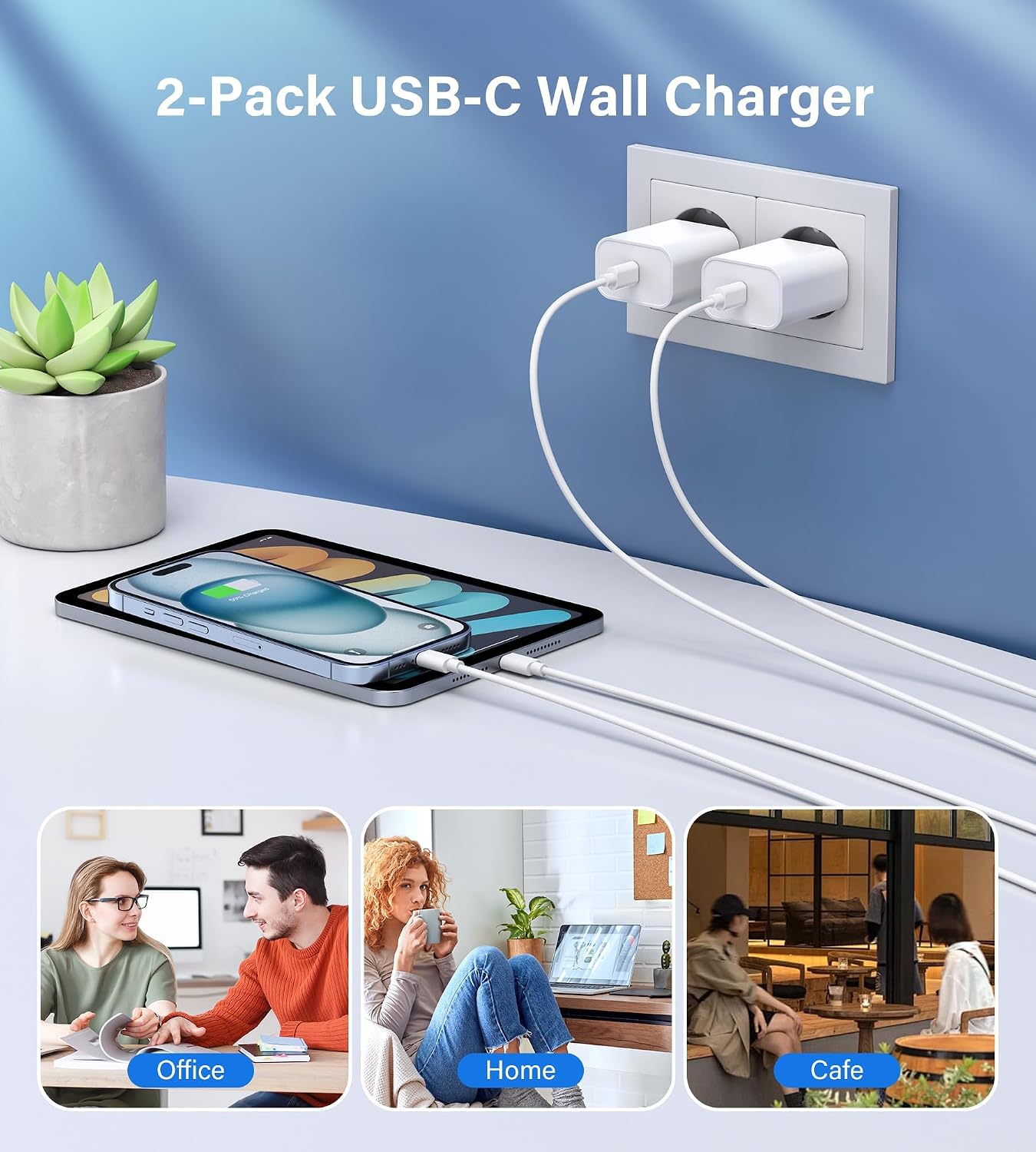 30W Cargador USB C, Tipo C Enchufe, PD3.0 Cargador Carga Rapida, Cabezal Adaptador Corriente Charger USB-C para i-Phone, iPad, Samsung, Fuentes de alimentación para teléfonos móviles (2-Pack Blanco) 8