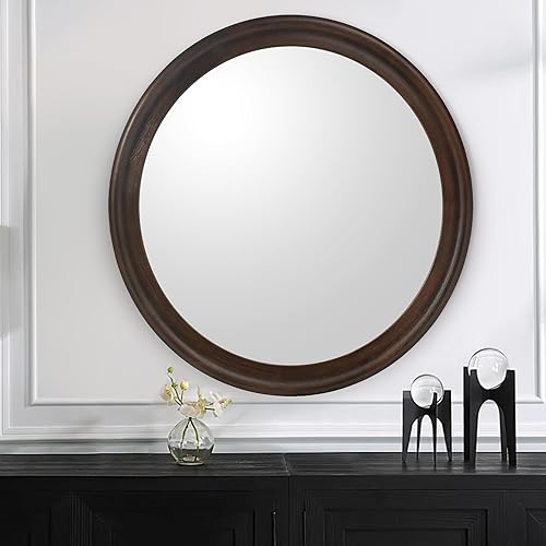 Miniatura 6 de CULER Espejos redondos de pared de 24 pulgadas, espejo de transición decorativo rústico de madera con marco de nogal para pared, espejo de tocador