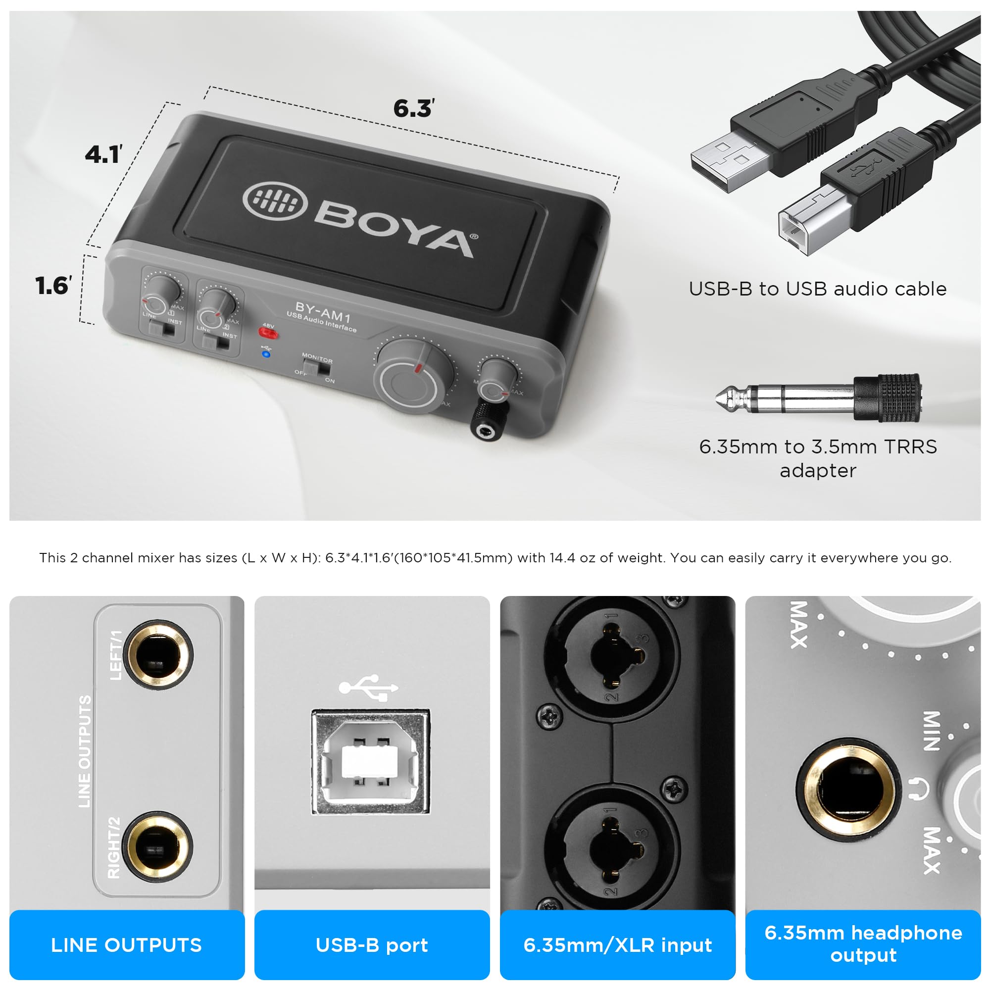 BOYA Mikser audio z interfejsem mikrofonowym XLR/6,35 mm, zasilanie fantomowe 48 V, dwukanałowe, wzmocnienie, regulacja stereo/mono, regulacja głośności dla mikrofonu PC, klawiatury, podcastu,