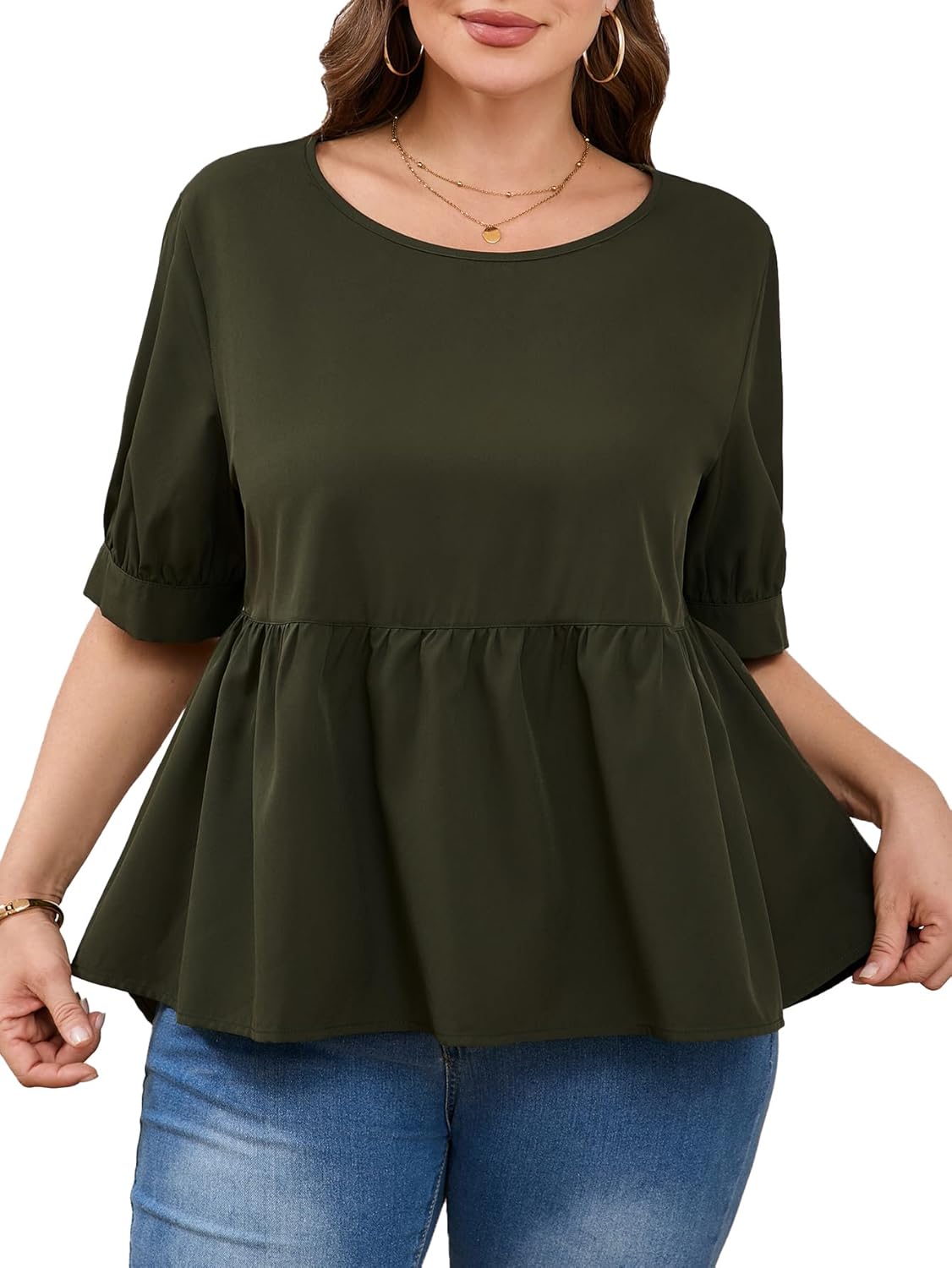 MakeMeChic Women's Plus Size Peplum Tops Short Sleeve Loose Blouse Ruffle Asymmetrical Hem Shirts
