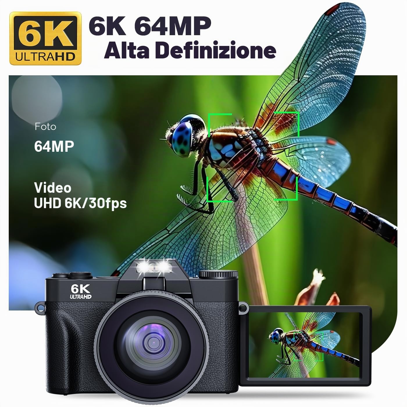 Fotocamera digitale 6K 64MP per Fotografia Vlogging Camera per YouTube, Flip Screen 180°, Zoom 16X Autofocus, Fotocamera compatta da viaggio per adolescenti, con obiettivo da 52 mm, 2 batterie, scheda