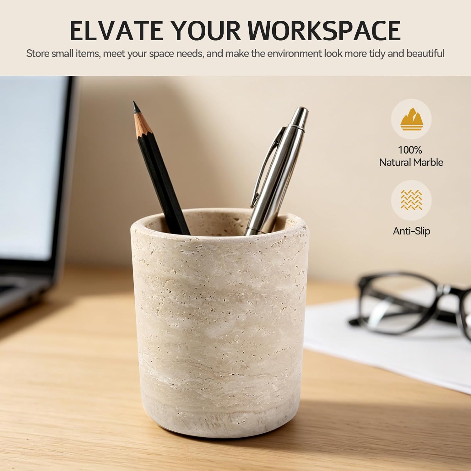 Natural Travertine Toothbrush Holder for Bathroom, Marble Pen Cup for Desk