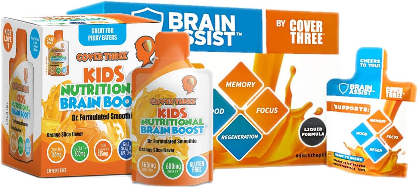 Cover Three Brain Assist Supplement + Kids Nutritional Brain Boost | Help Increase Focus, Memory, Clarity, Calmness | Omega Fish Oil DHA, Vitamin C, Turmeric, Resveratrol | Liquid Squeeze Pouch : Health & Household