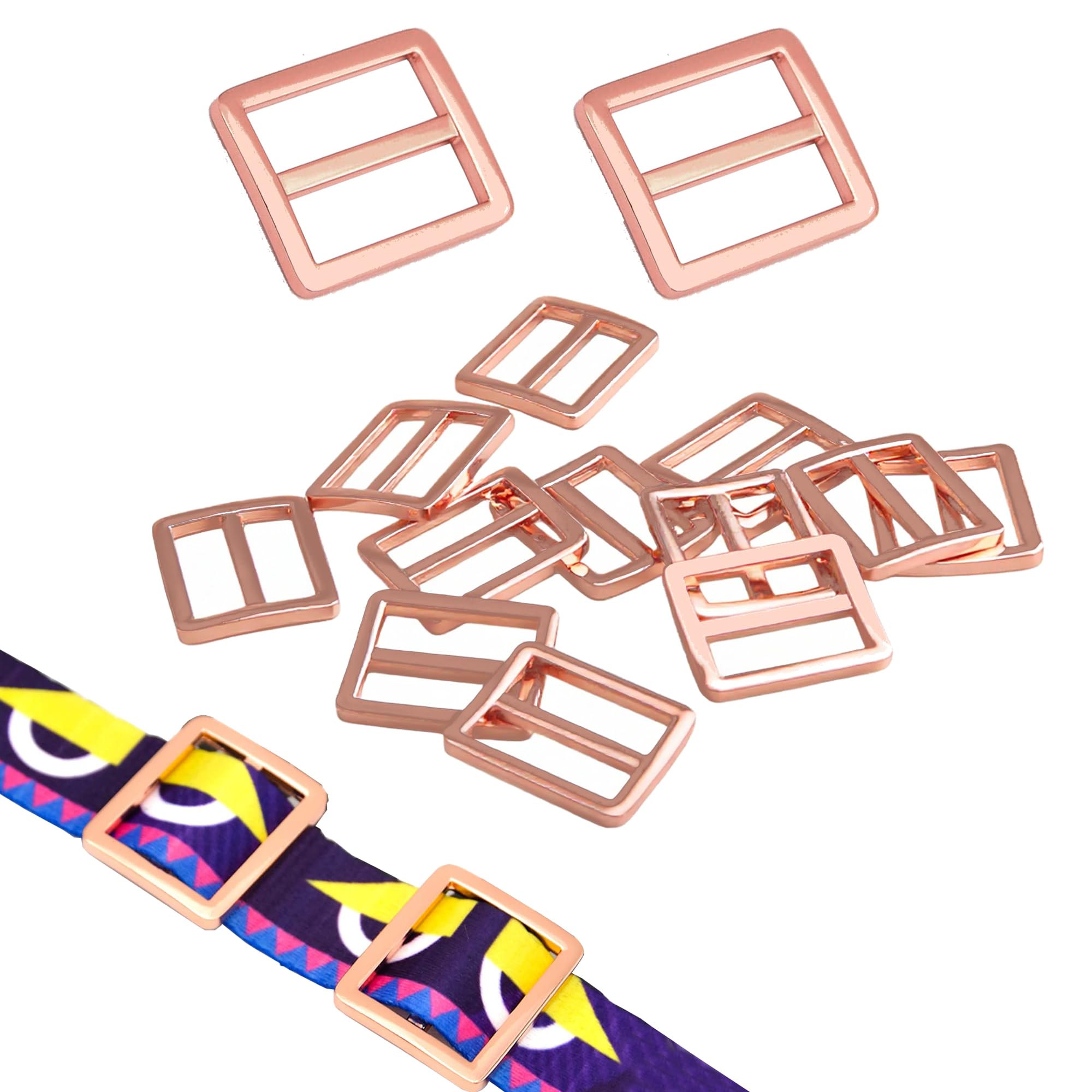 RiseDirectly 12 Pack 1 Inch Zinc Alloy Tri-Glide Buckles, Anti-Slip Strap Adjuster, Metal Fastener for Webbing Strap, Dog Collar, Backpack & Outdoor DIY (Rose Gold)