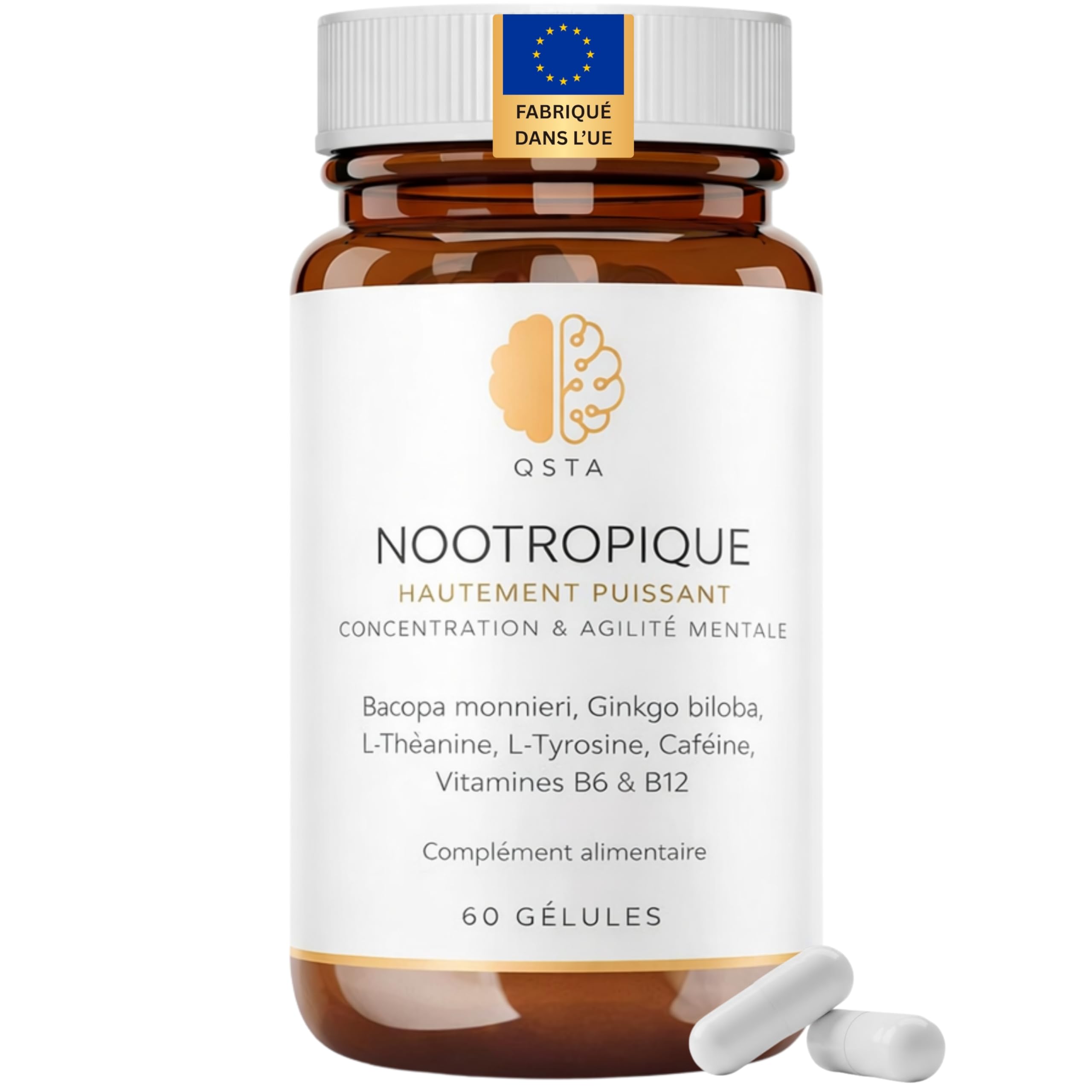 Nootropic – Formule Avancée pour le Soutien Cognitif avec Bacopa, Ginkgo, Tyrosine, Théanine, Caféine, B6 & B12