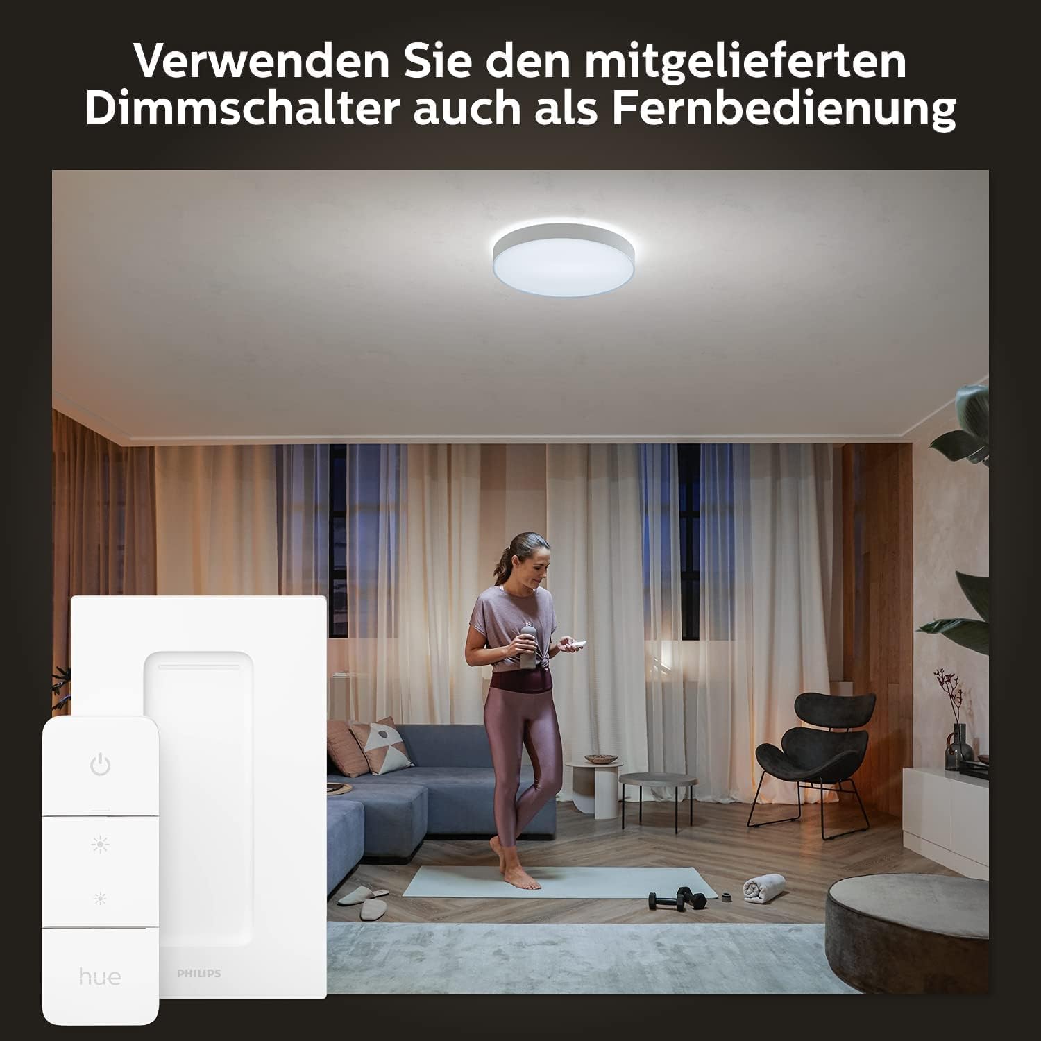 Philips Hue White Ambiance Enrave Deckenleuchte XL (6.100 lm) inkl. Dimmschalter, dimmbare Deckenlampe für das Hue Lichtsystem mit allen Weißtönen, smarte Lichtsteuerung über Sprache und App, weiß