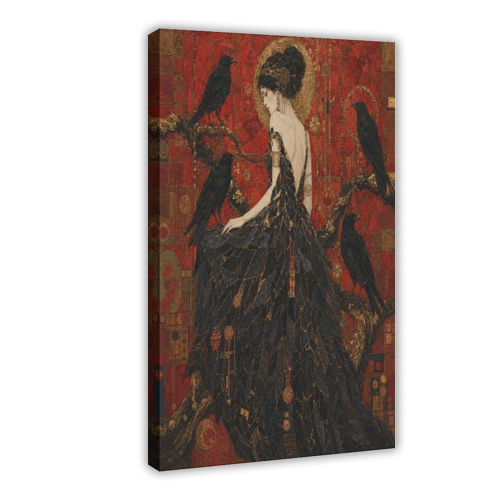 W7c8u2x3 Frame-Style-4 Raven Woman On Branch Canvas Wall Art, Moonlit Stage Entryway