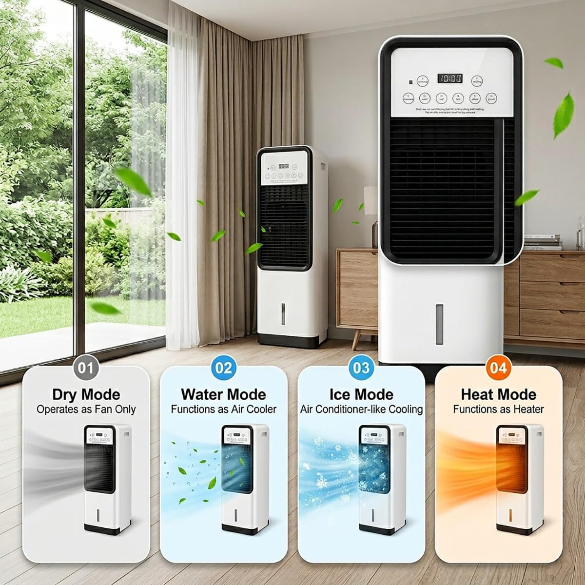 Climatiseur Portable 2-en-1 Refroidissement Chauffage Silencieux 36-45dB, 1.8kW 220V, Oscillation Air, Minuterie, Réservoir 4.1-6L avec Cristaux Rafraîchissants pour Maison et Bureau