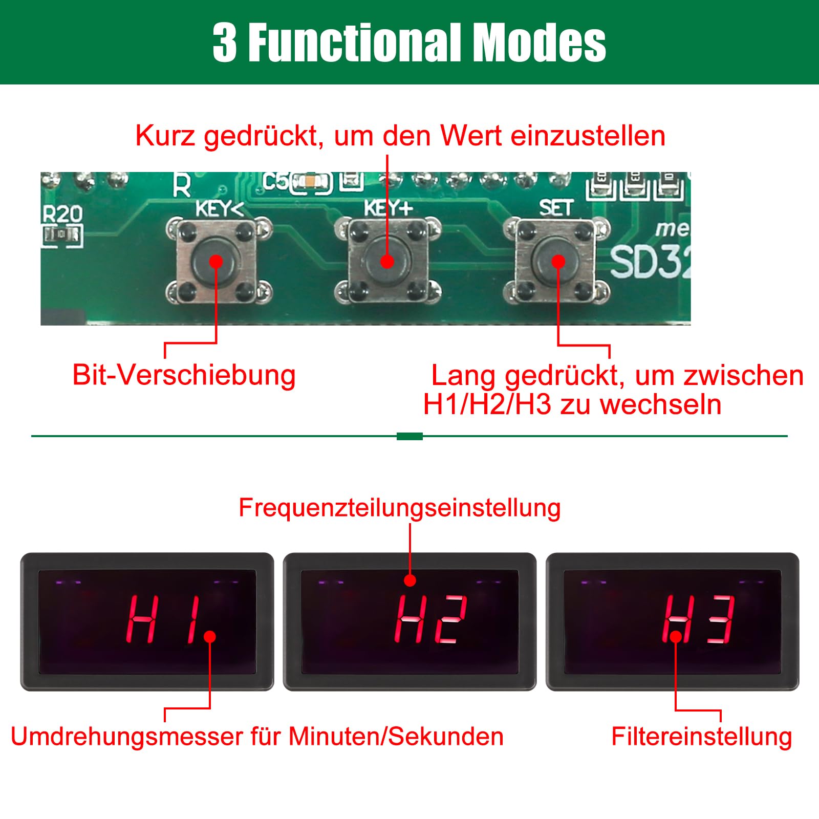 5-Bit Digitaler LED Drehzahlmesser, DC 5V-30V Drehzahll Messgerät, Motor-Tachometer, mit Unterstützung von Drehzahl/s-Modus, Frequenzteilung und Filterfunktion, Drehzahlmesser mit Hall-Nahfeld