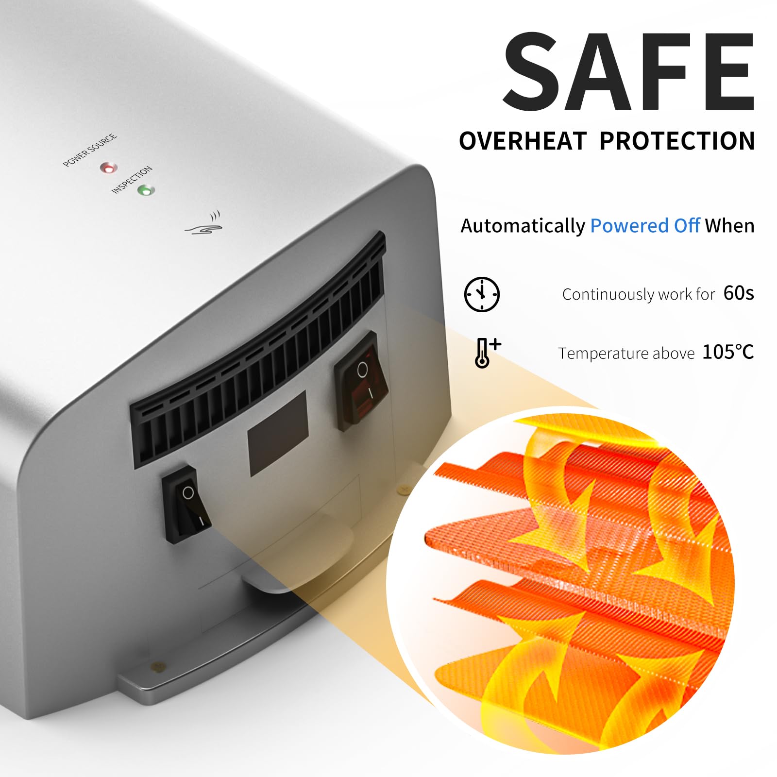 interhasa! Händetrockner automatischer Infrarotsensor handtrockner leise Gewerbe und Haushalt 1250W（Silber）