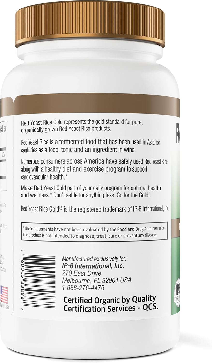 Red Yeast Rice Gold, Made with 600 mg Organic Red Yeast Rice - IP6 International - 120 Vegetarian Capsules