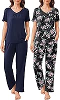 Ekouaer Pajama Sets for Women 2 Pack, Short Sleeve with Long Pant Pjs Sleepwear Comfy Lounge Sets with Pockets