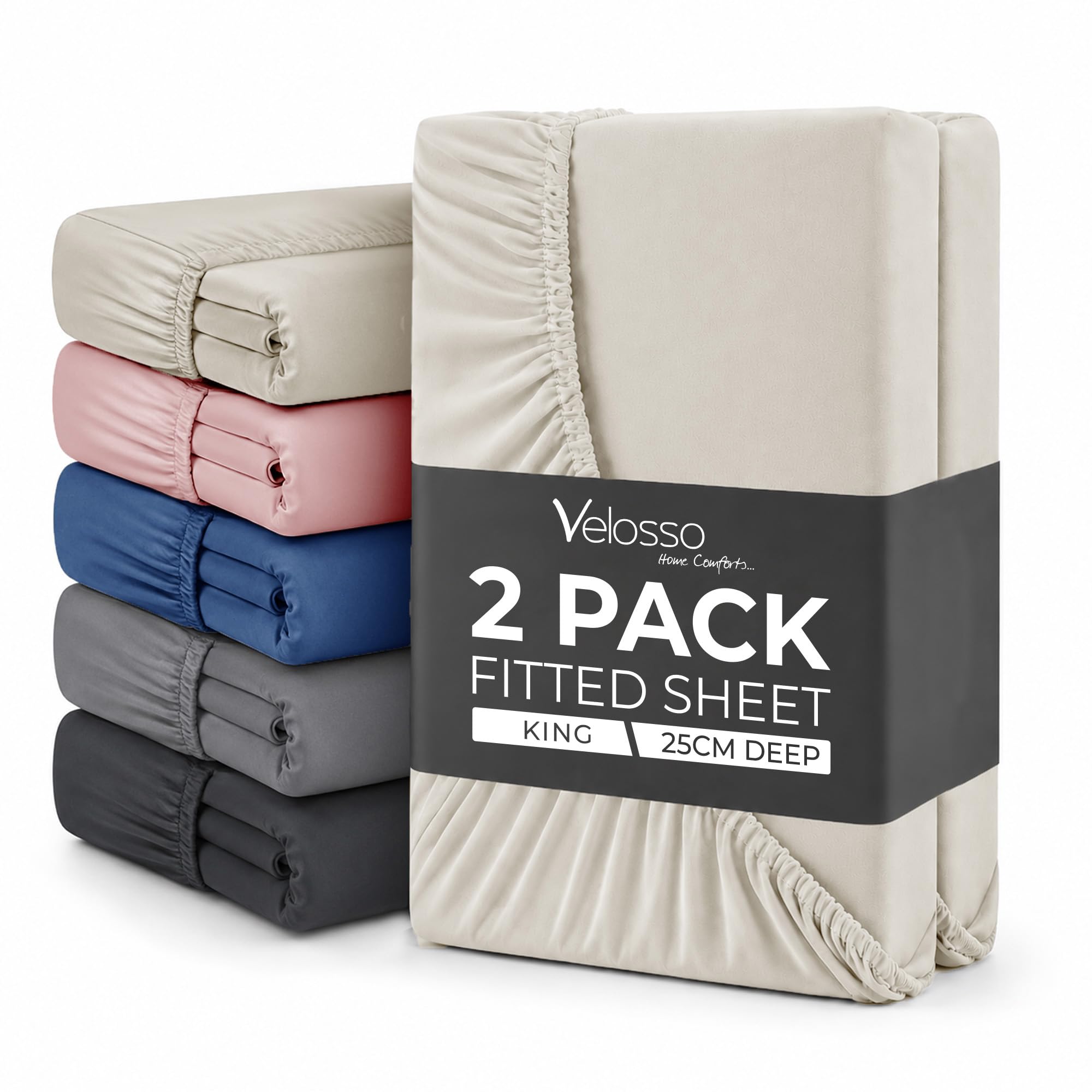 Plain Dye Fitted Sheet 25cms Pocket Soft Brushed Microfibre Fabric Mattress Bottom Bed Sheets (Cream, King 2 Pack)
