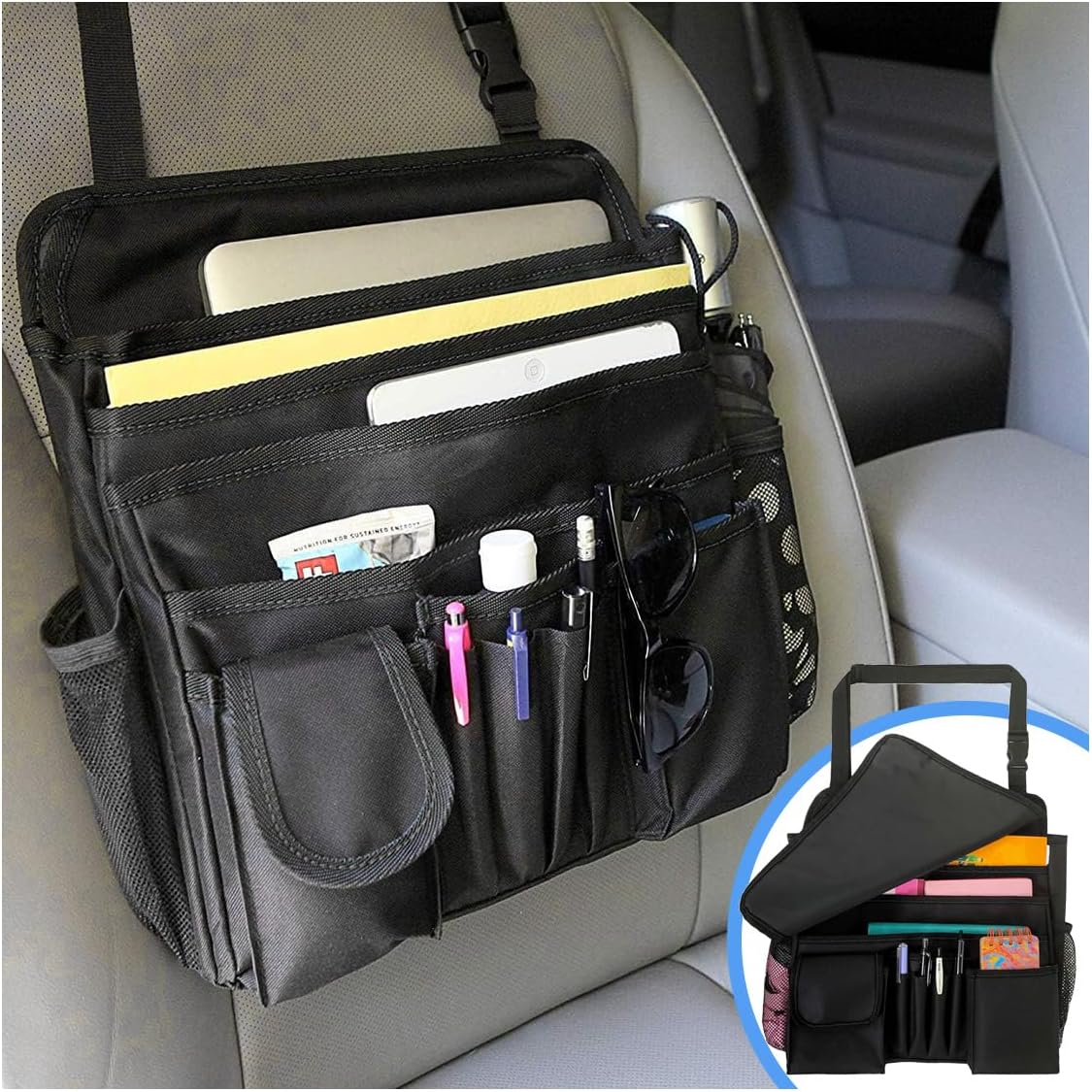 Car Front Seat Organizer, Car Backseat Organizer with Adjustable Shoulder Strap, Passenger Seat File Storage Bag with Dedicated Laptop Tablet Holder Cup Holder for Car Law Enforcement (Black)