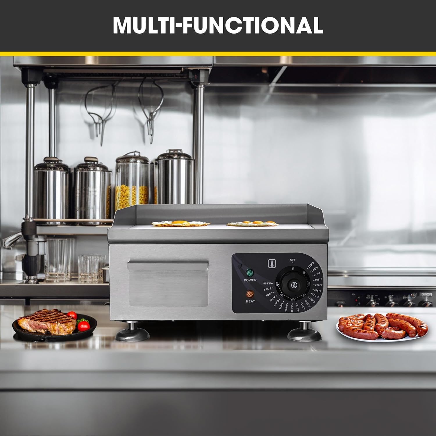 HeyJiaYu Electric Countertop Griddle 14 inch 1800W Commercial Electric Griddle Adjustable Temperature 120?-575? Flat Top Restaurant Grill Non-Stick Flat (14 inch)