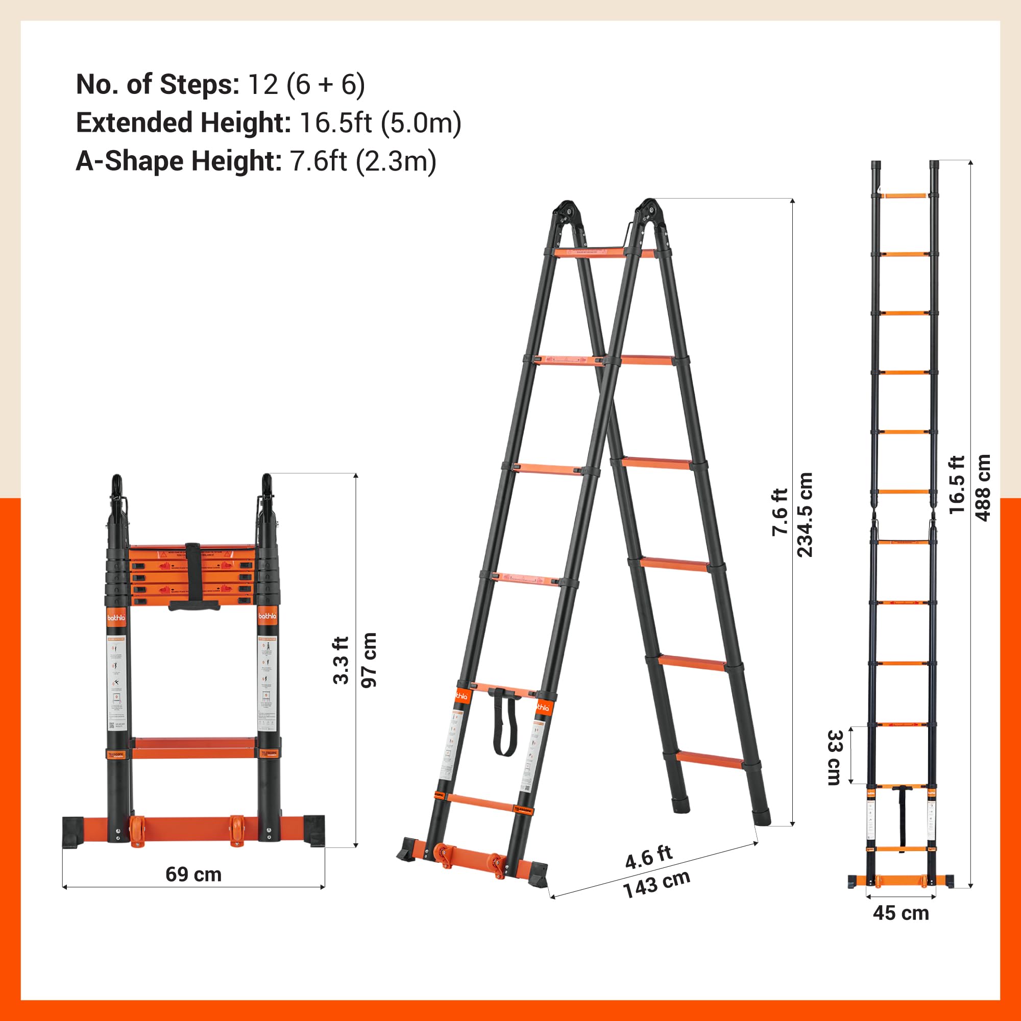 Bathla Carbon Steel Telescopic Ladder A Type 16.5 ft (5m) - 12 Steps | Portable & Compact | Foldable Multipurpose Step Ladder for Home & Outdoor use — Amazon image 6