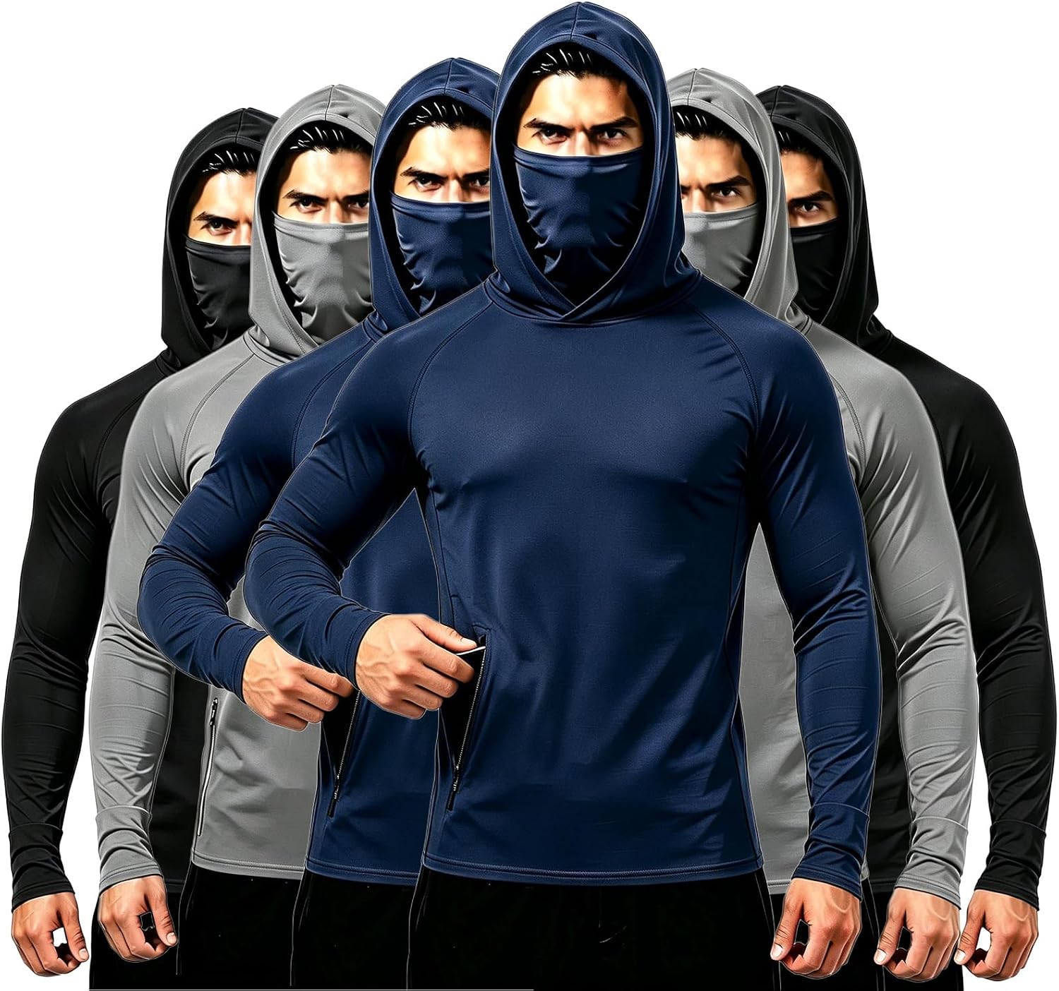 6 Pack Men's Long Sleeve Hoodie,with Built-in Face Mask sun Protection Shirt Fishing Running Gardening Outdoor Work