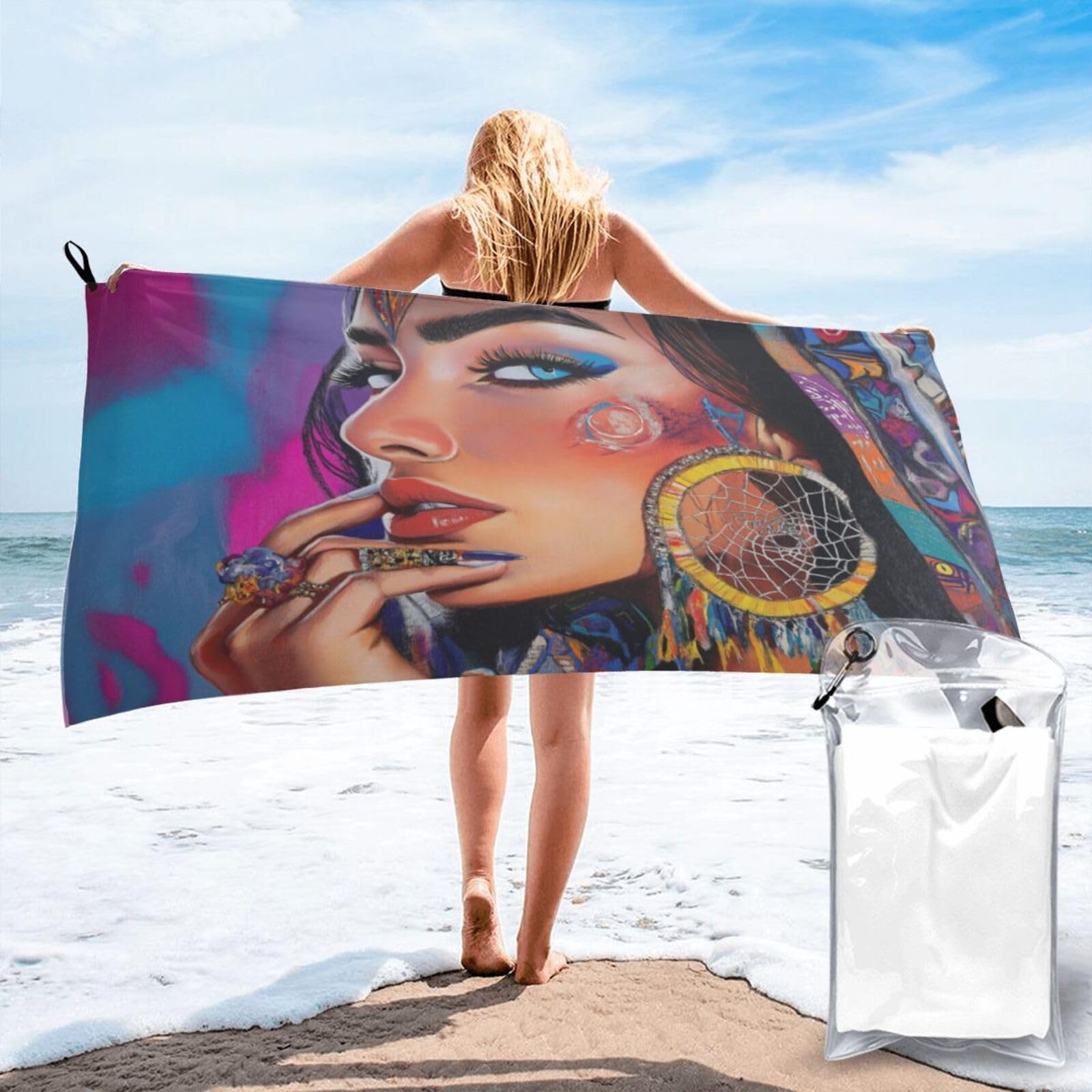 Anceky Vibrant, Detailed, Tribal, Portrait, Dreamcatcher Quick Dry Microfiber Travel Towel with Carry Case and Carabiner 27.5"X55"