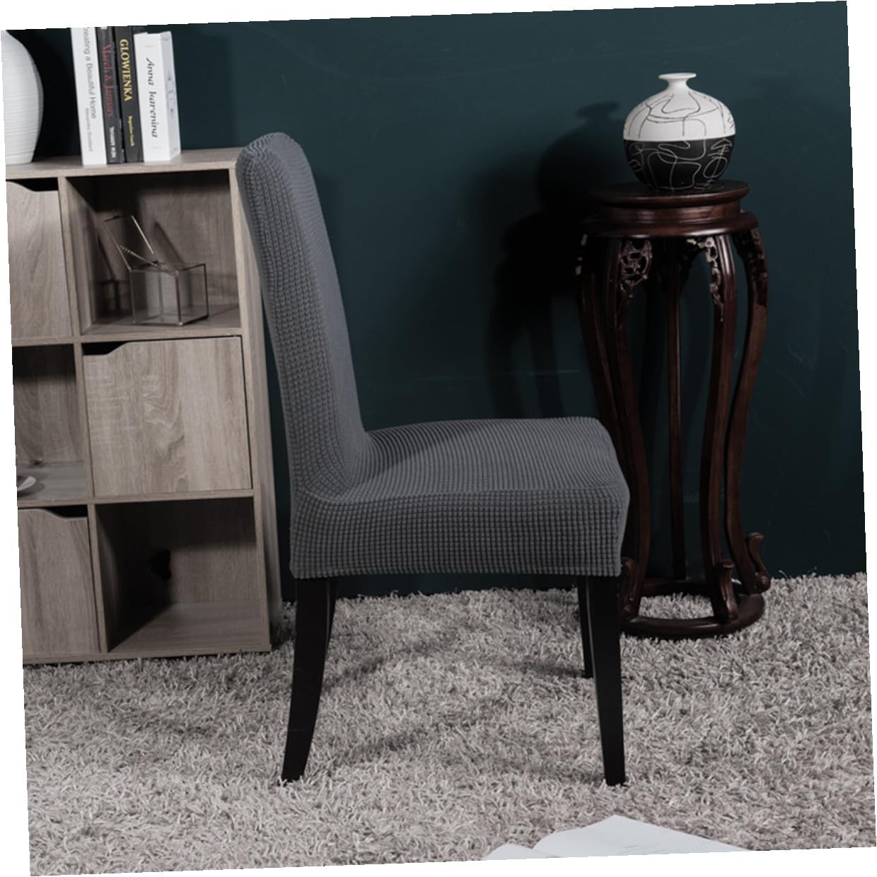 4pcs Grey Polyester Stretchy Dining Chair Covers Elastic Seat Protector Slipcovers for Home Office Dining Room