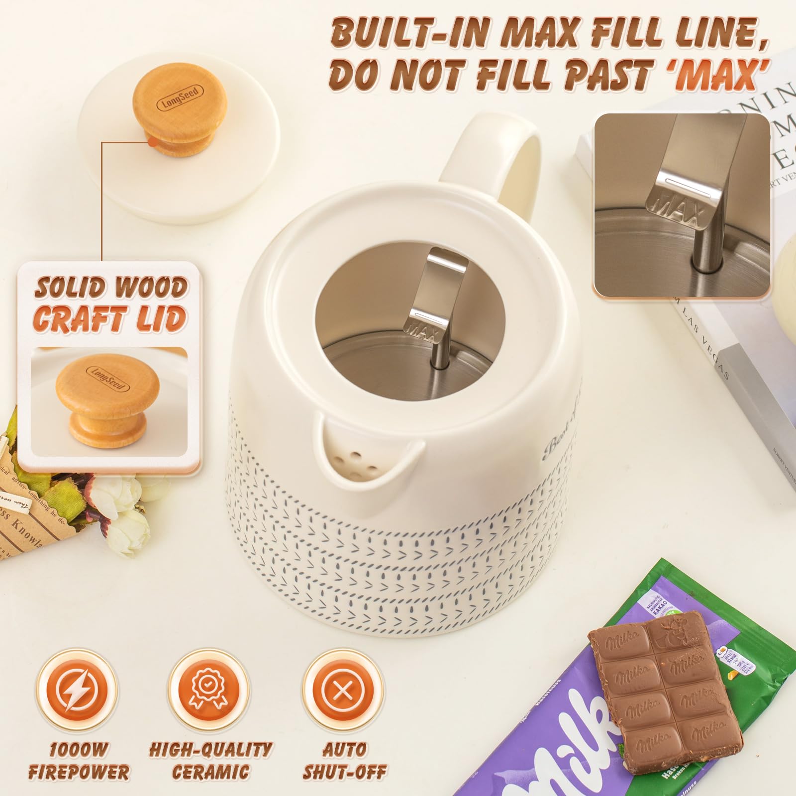 LONGSEED Ceramic Electric Kettle 1 Quarts, Hot Water Boiler Electric Kettles, Tea Pot with LED Light, Boil Dry Protection, Short Spout 1000W Fast Boil, Automatic Shut-off