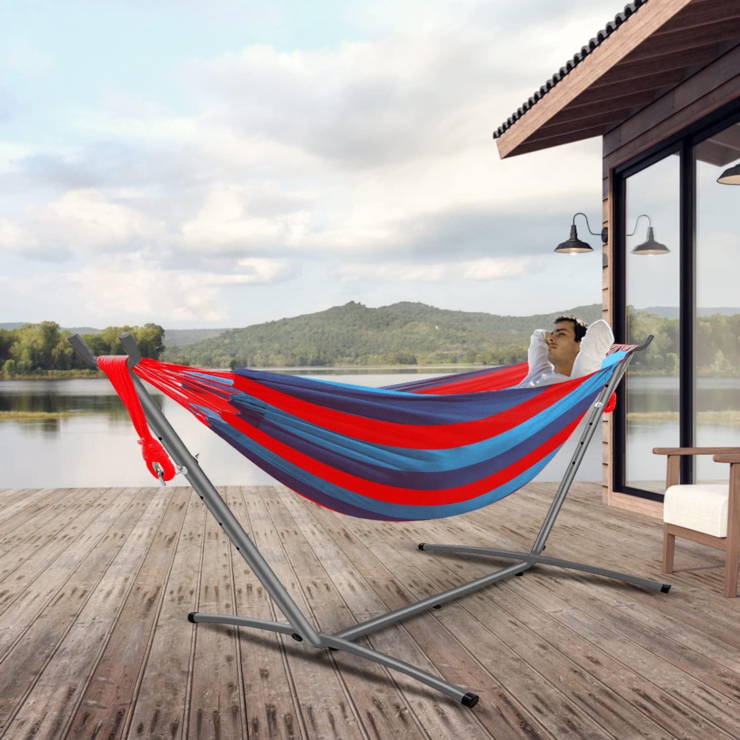 Gold Armour Brazilian Style Hammock with Tree Straps for Hanging - Durable Portable Single/Double Hammock for Camping, Outdoor, Indoor, Patio, Backyard (Blue & Red Stripe) image 5