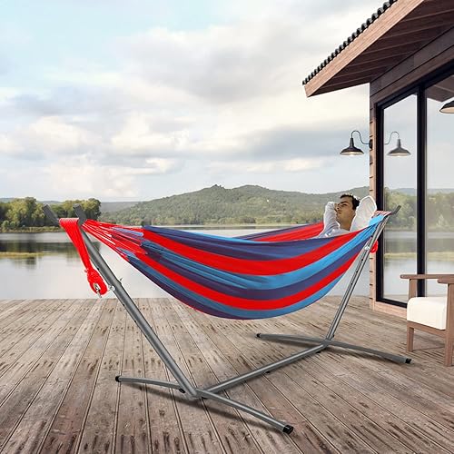 Miniatura 5 de Gold Armour Hamaca de estilo brasileño con correas de árbol para colgar, hamaca individual o doble portátil duradera para campamento, al aire libre,