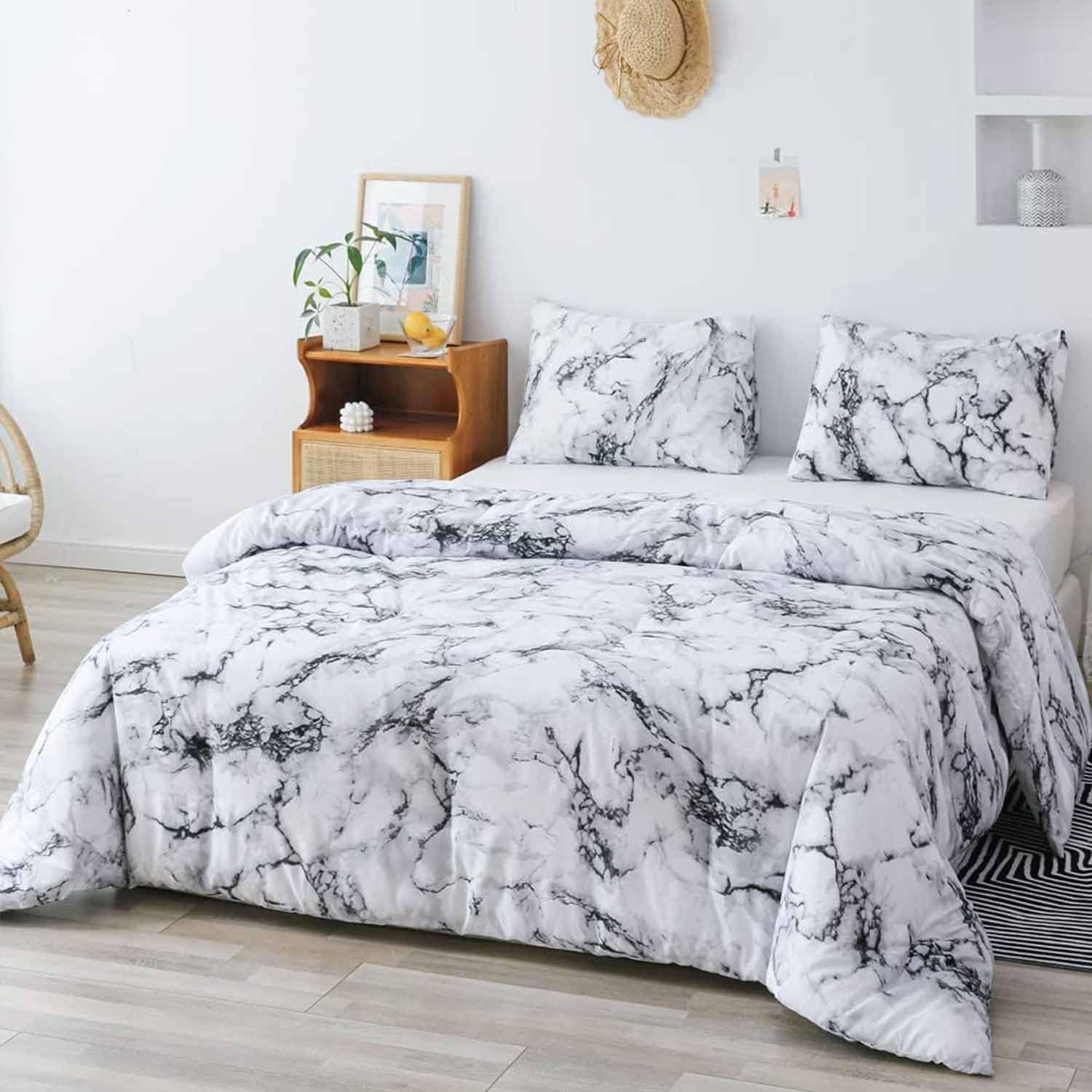 ETDIFFE White Black Marble Comforter Set Queen Size, 3pc Gray Modern Neutral Bedding Set, All Season Lightweight Microfiber Down Alternative Bed Comforter for Women Men, Grey