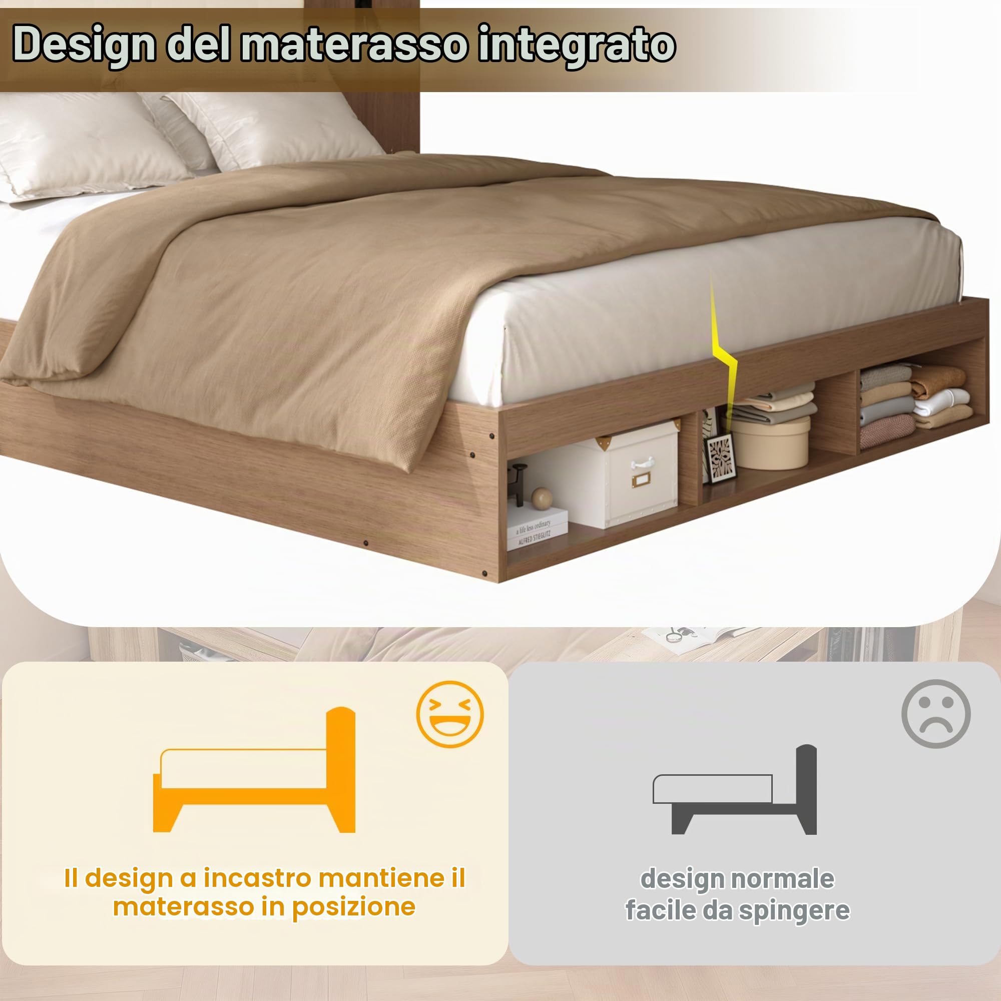 Letto matrimoniale 180x200 con USB e Type-C e lampada da lettura, Letto contenitore con 2 comodini, Struttura letto matrimoniale Legno legno di noce (Senza Materasso)