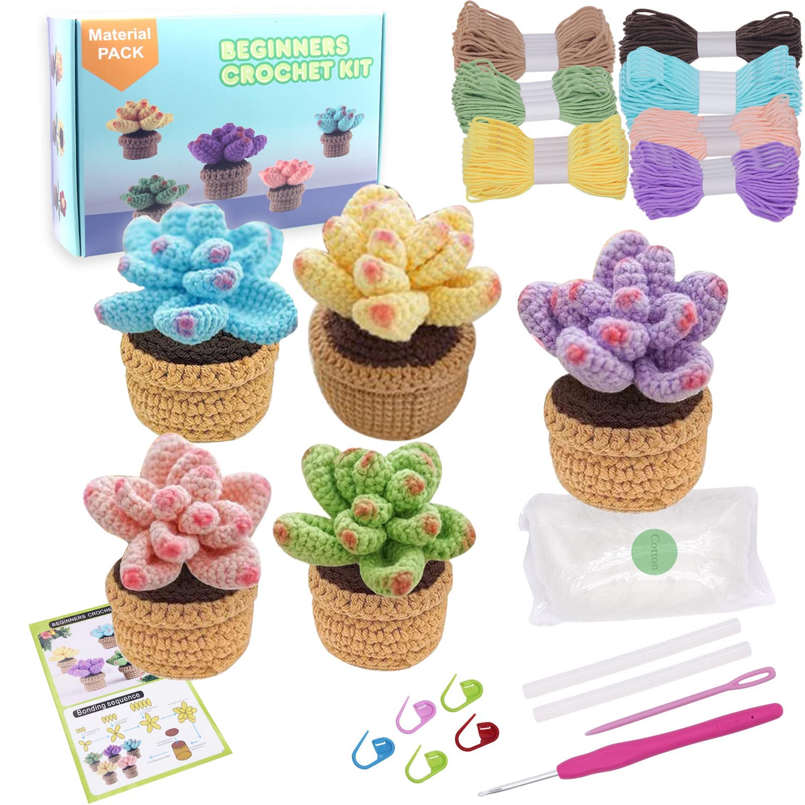 JOJOJOSDA Crochet Kit for Beginners, Beginner Crochet Starter Kit for Complete Beginners Adults and Kids with Step-by-Step Instructions and Video Tutorials (5Pcs Succulents)