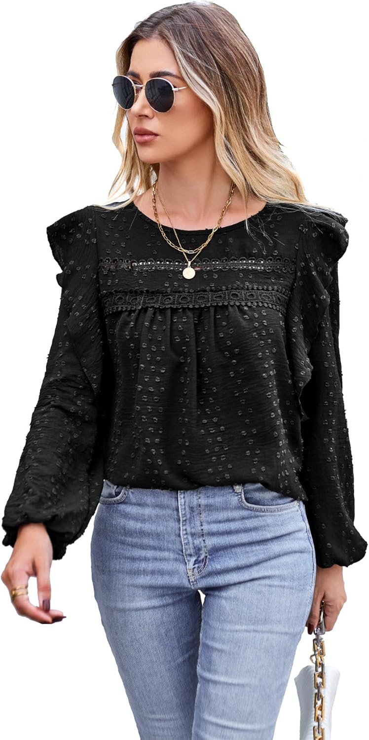 Women's Long Sleeve Blouse Loose Casual Crewneck Shirts Boho Floral Swiss Dot Ruffle Tops 2026 Spring Dressy Tunic