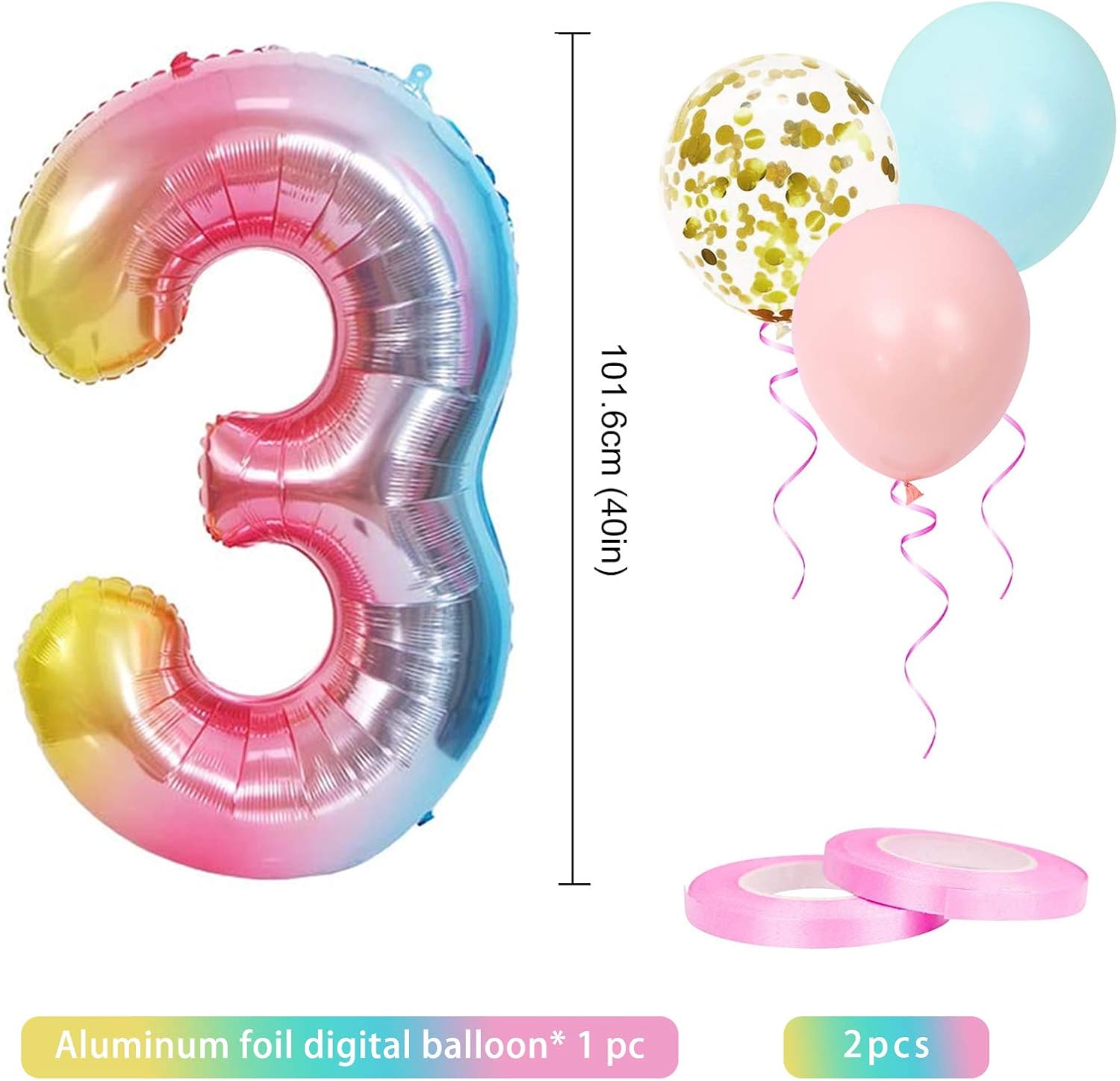3rd Birthday Decorations for Girls Boys Number 3 Balloon, Happy Birthday Banner, Gradient color Age 3 Birthday Balloons - Image 4