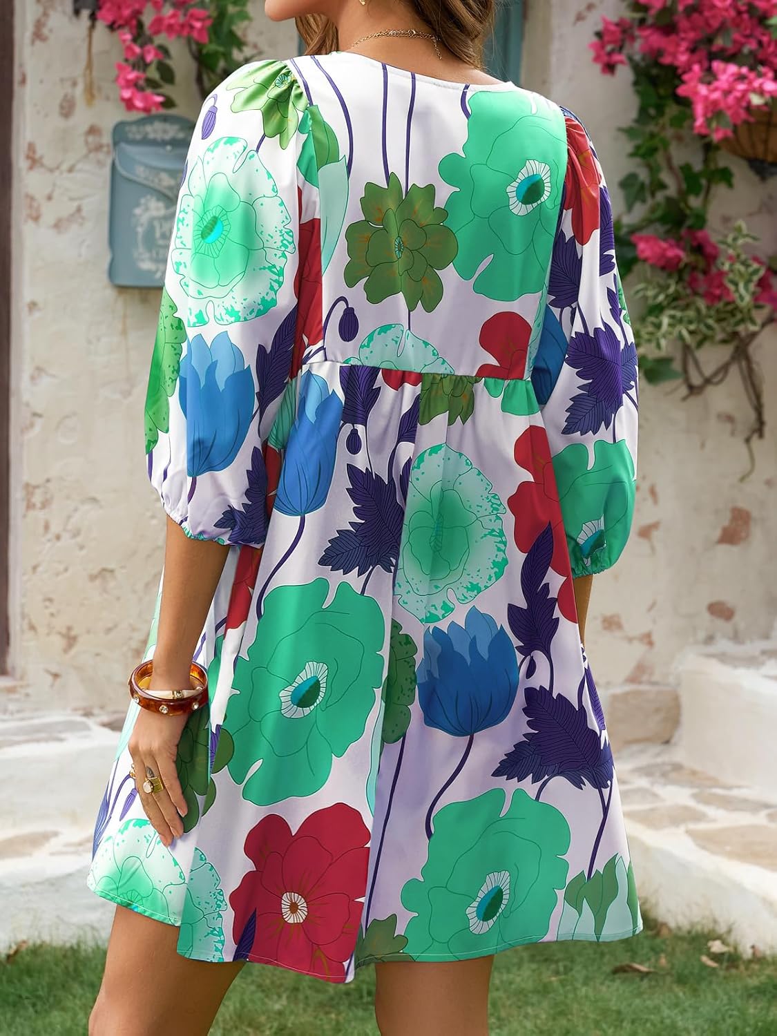 Yousify Womens Summer Dresses Floral Mini Babydoll Dress V Neck Puff Sleeve Loose Fit Boho Beach Sundress with Pockets - Image 3