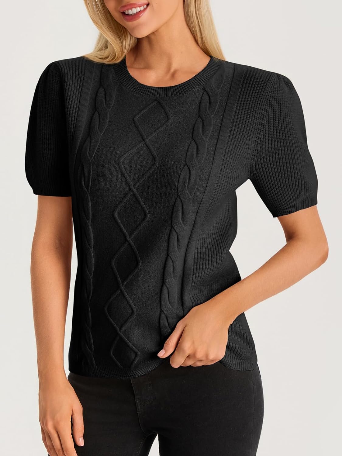 Cicy Bell Womens Puff Short Sleeve Sweater Tops Cable Knit Crew Neck 2026 Spring Shirts Lightweight Dressy Casual Sweaters - Image 5