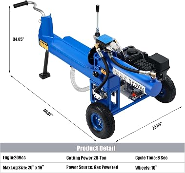Portable Log Splitter 20 Ton, Gas Powered Wood Splitter with 7HP Engine & Hydraulic Pump, Horizontal Full Beam with Auto Return Ram System, Steel Wedge for Firewood Splitting & Forestry Use