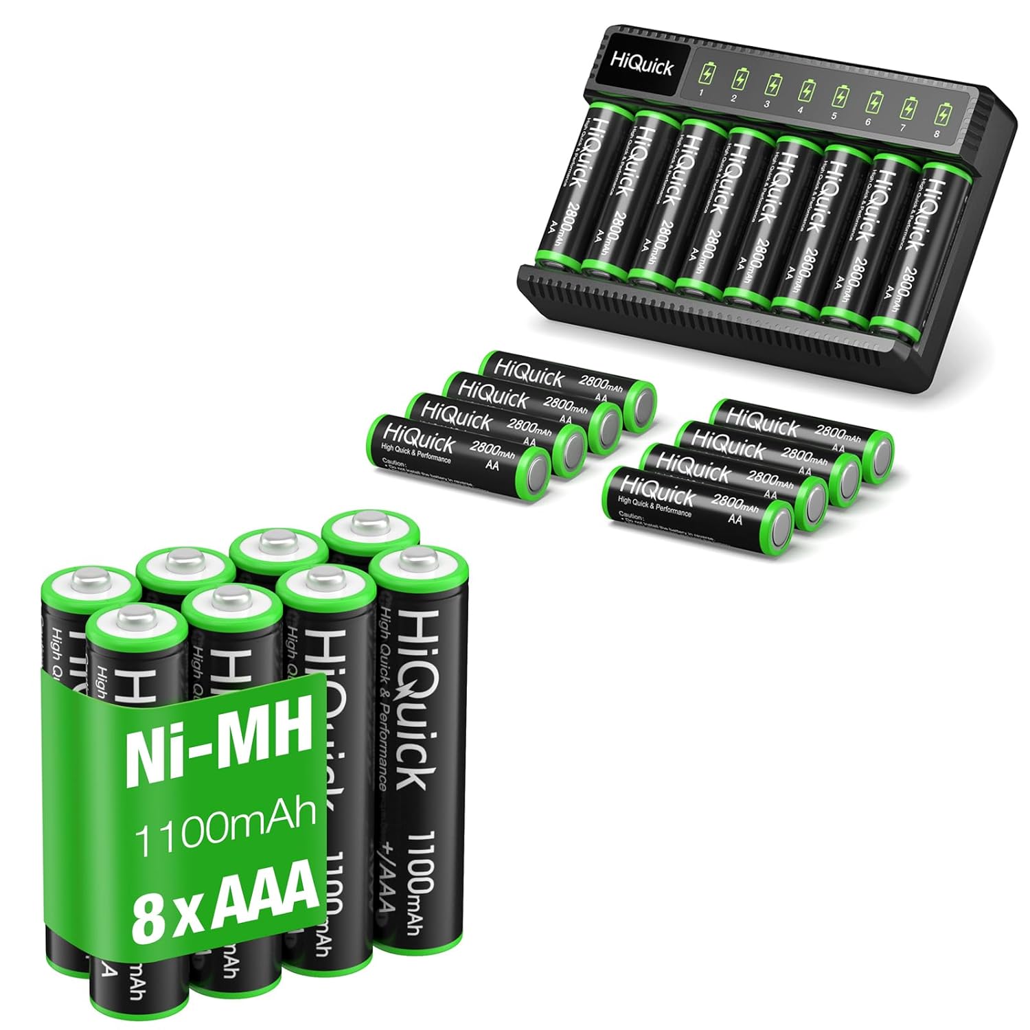 HiQuick Smart Battery Charger with 16 Pack AA Battery Set & 8AAA Rechargeable Batteries Bundle