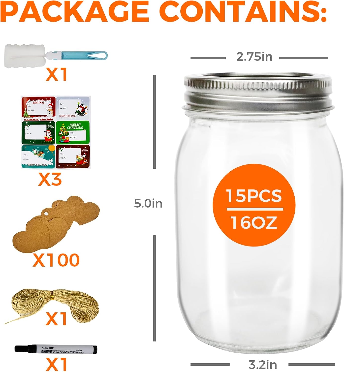 Mason Jars 16 oz with Lids, 15 Regular Canning Jars with Sealing Lids and Bands, Pint Canning Jars for DIY Projects, Pickling, Dry Goods, Food Storage, Includes Stickers, Tags, Brushes, Twine, Pens