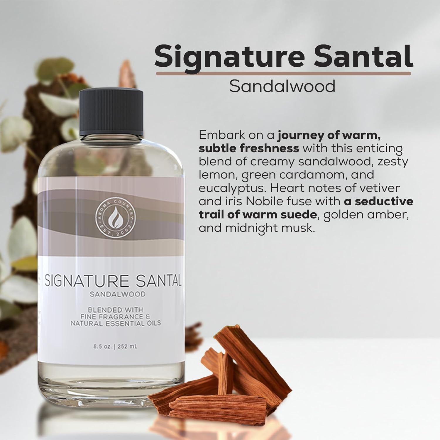 Aroma Country Signature Santal Diffuser Oil - Luxury Essential Oils for Diffuser Refill & Air Freshener Room Spray - Long-Lasting & Natural Home Fragrance, Sandalwood Scented Oil (8.5 Fl. oz) - Image 2