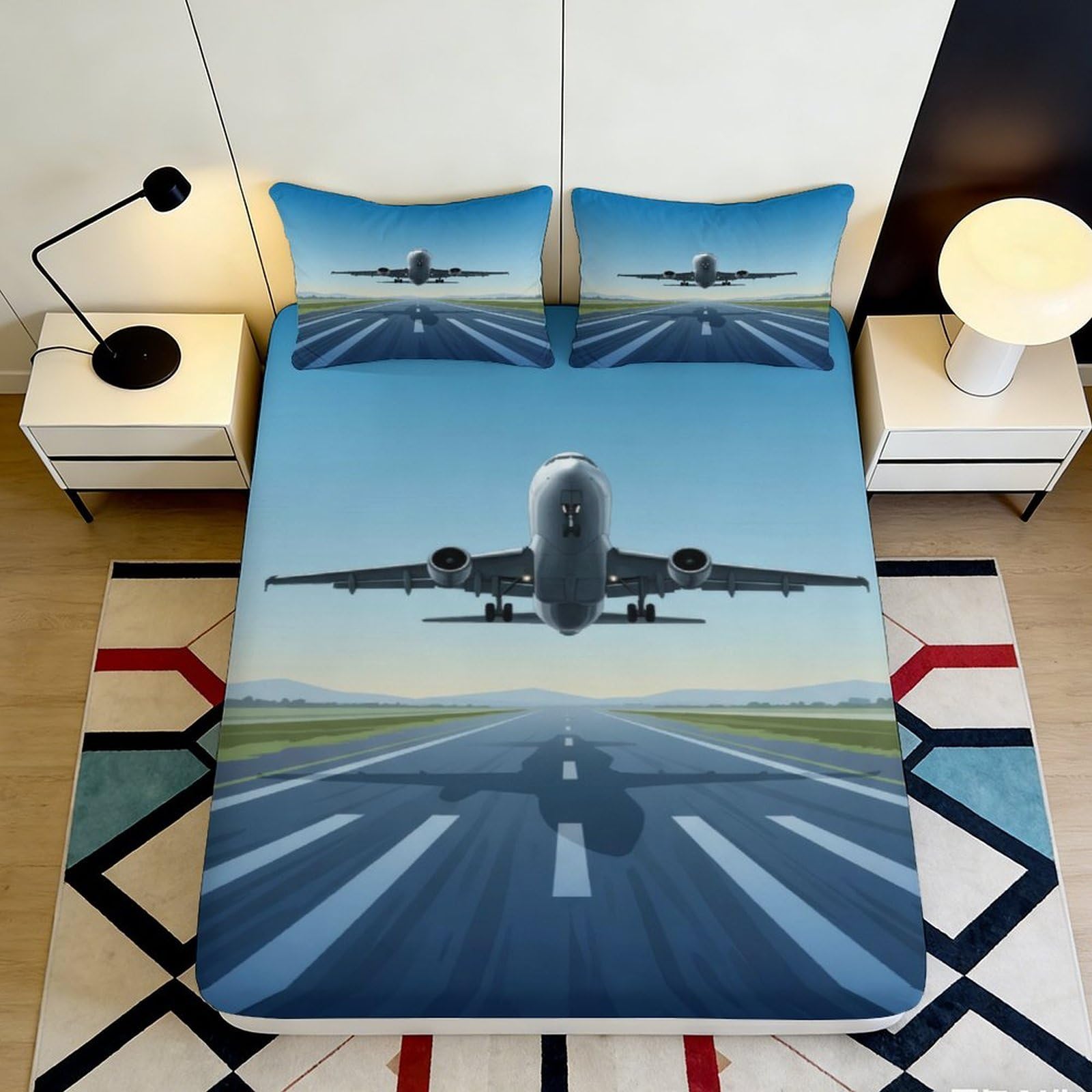 Pnayamiorkfel Style-6 3D Printed Runway Takeoff Fitted Sheet Microfiber Soft Breathable Airplane Mattress Cover For Bedroom Dorm Decor 90X200x25cm