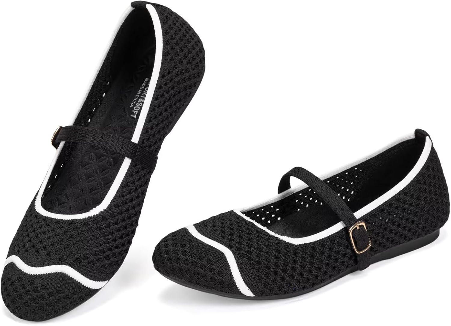 Frank Mully Women's Mesh Mary Jane Flats Round Toe Slip-On Breathable Knitted Comfort Shoes for Daily Walking Work