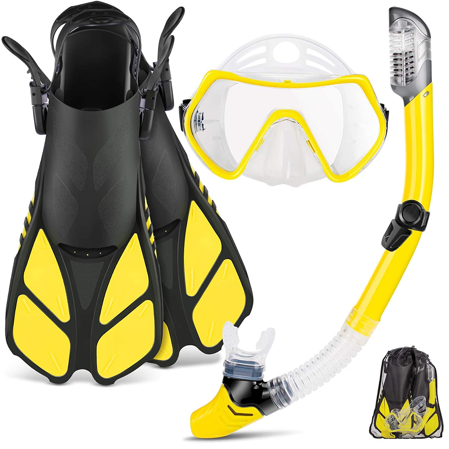 Olpad Snorkel Mask Fins Set, Travel Size Snorkeling Gear for Adults with Short Adjustable Swim Fins, High Resistant Scuba Diving Mask and Dry Top Snorkel, Come with a Carrying Bag (Yellow)