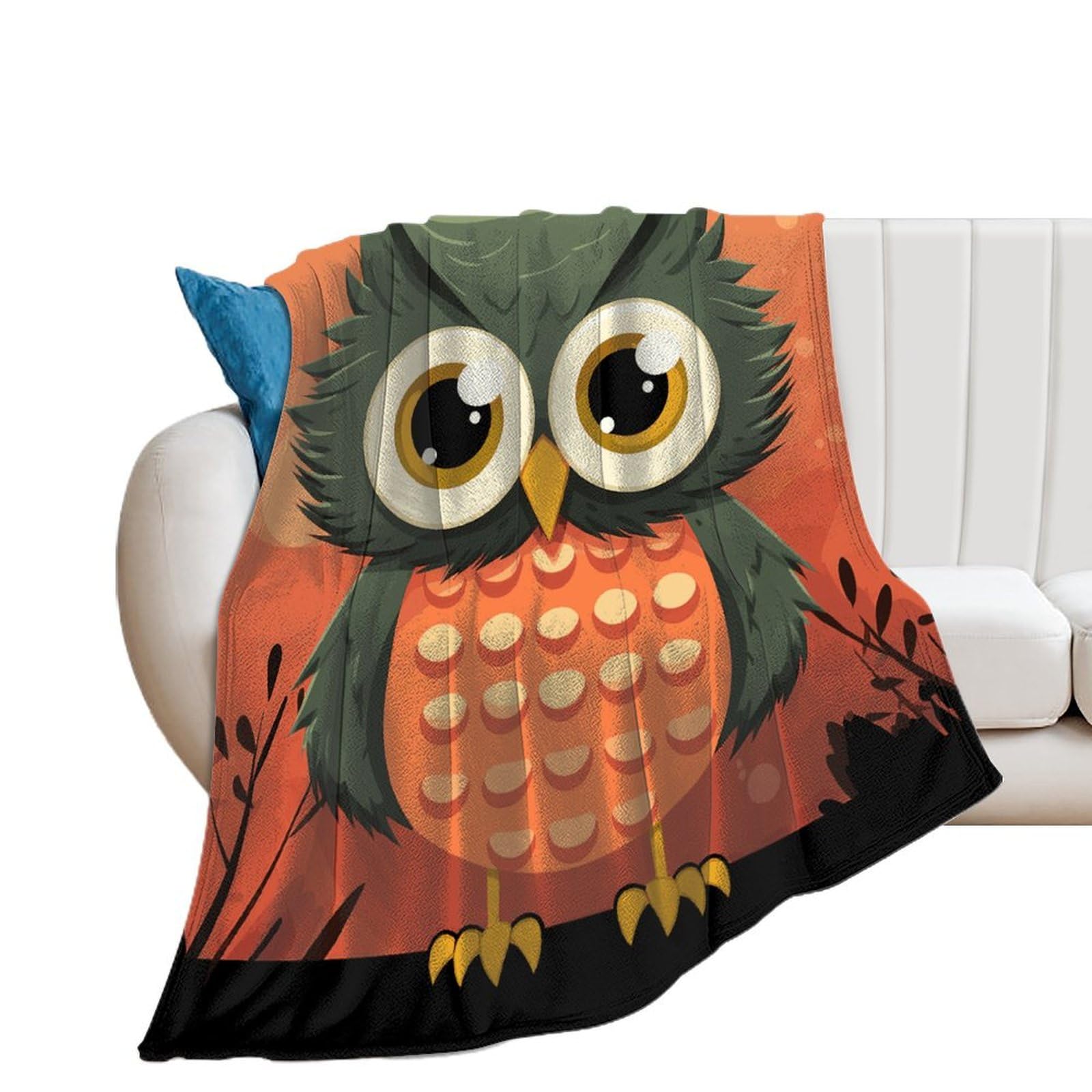 Couverture hibou en microfibre orange douce pour lit et canapé