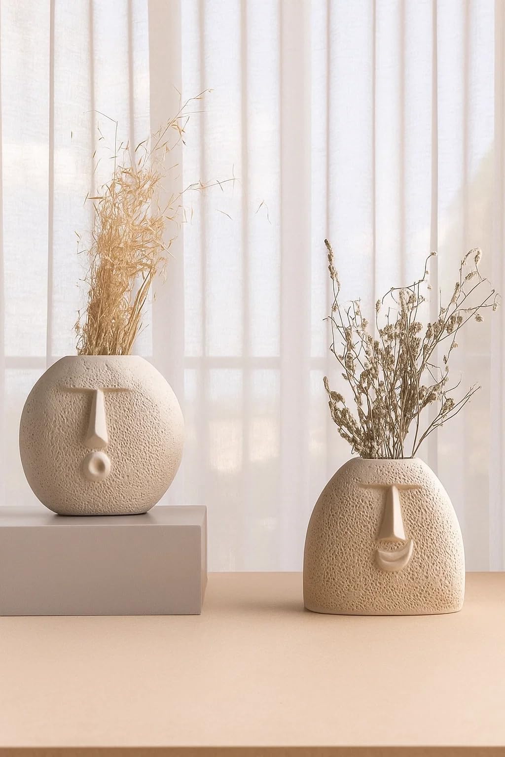 SPHINX Abstract Face Ceramic Vase Set of 2 | Textured Modern Decorative Flower Vases for Pampas Grass, Dried Flowers & Artificial Stems | Minimalist Home Decor for Living Room, Bedroom & Office