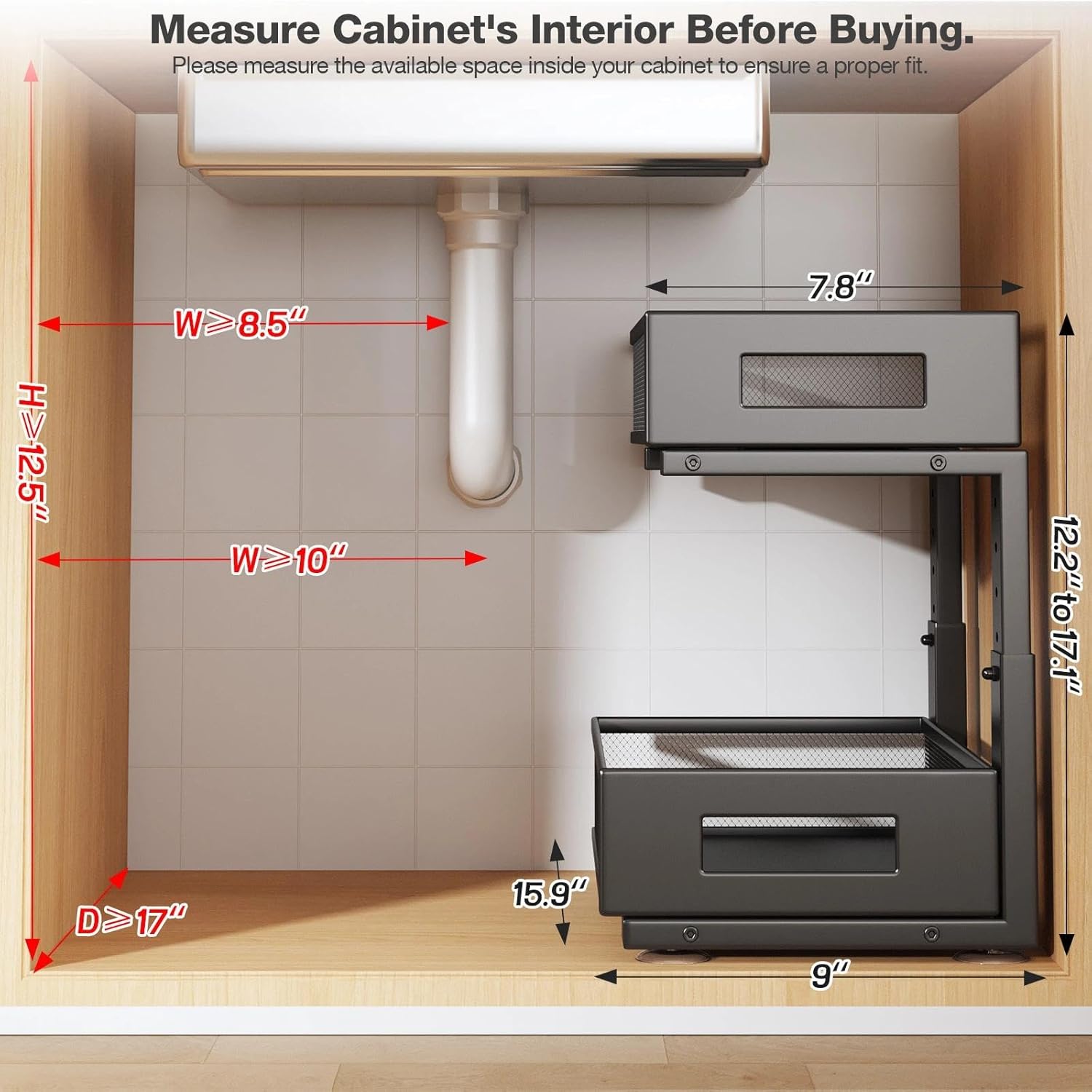 2-Tier Under Sink Organizer With Sliding Drawers, Pull-Out Cabinet Organizer With Adjustable Height, Kitchen & Bathroom Storage Shelf, Black, 1 Pack