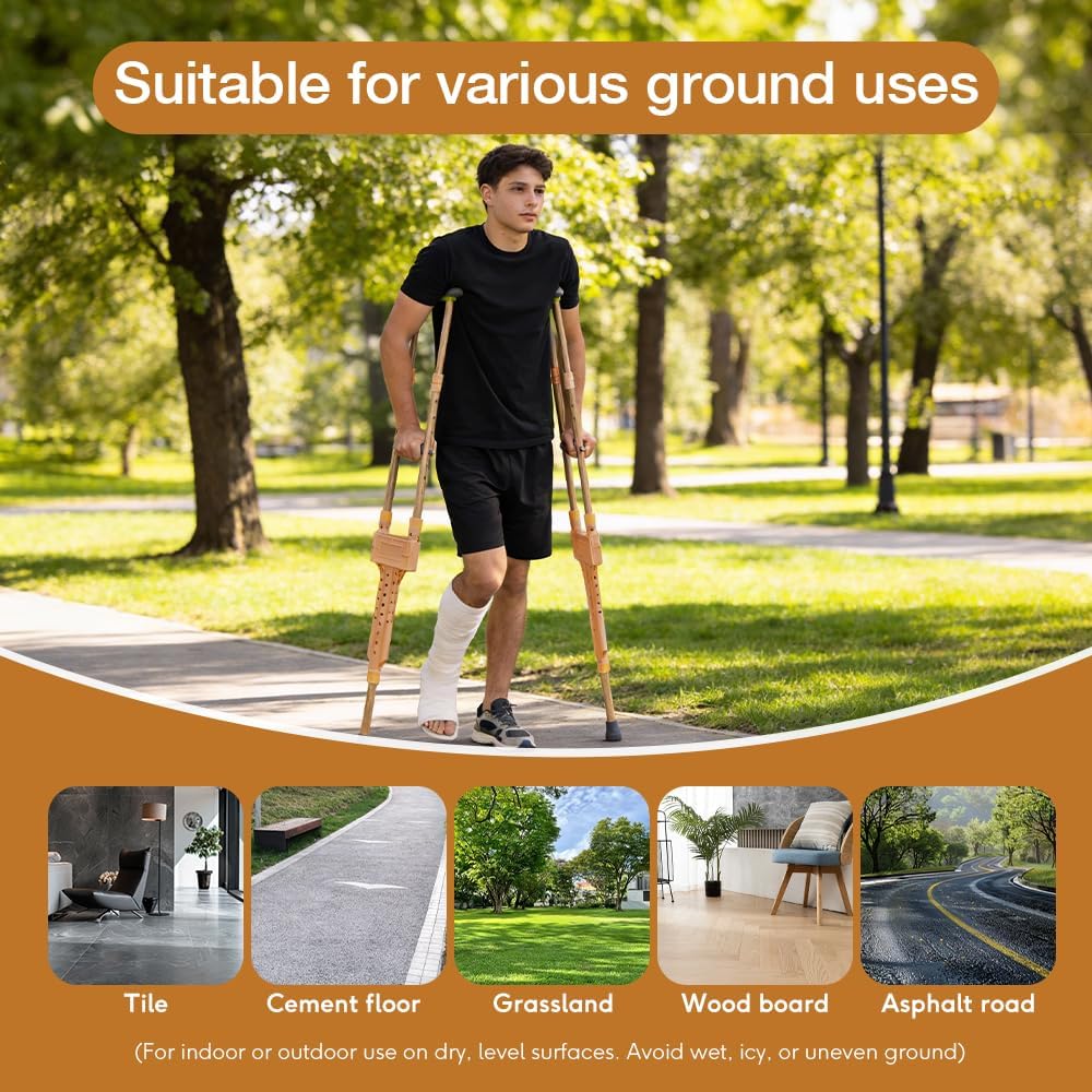Lightweight Aluminum Wood Grain Cane Crutches for Adults & Elderly (5.92ft-6.75ft Height Fit) – Adjustable, Built-in Storage, 250lb Capacity, Mobility Aid for Walking Support