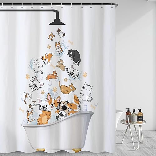 Renaiss Cortina de ducha de 72 x 72 pulgadas para decoración de baño, diseño de animales de dibujos animados, mascotas, juego de cortina de baño